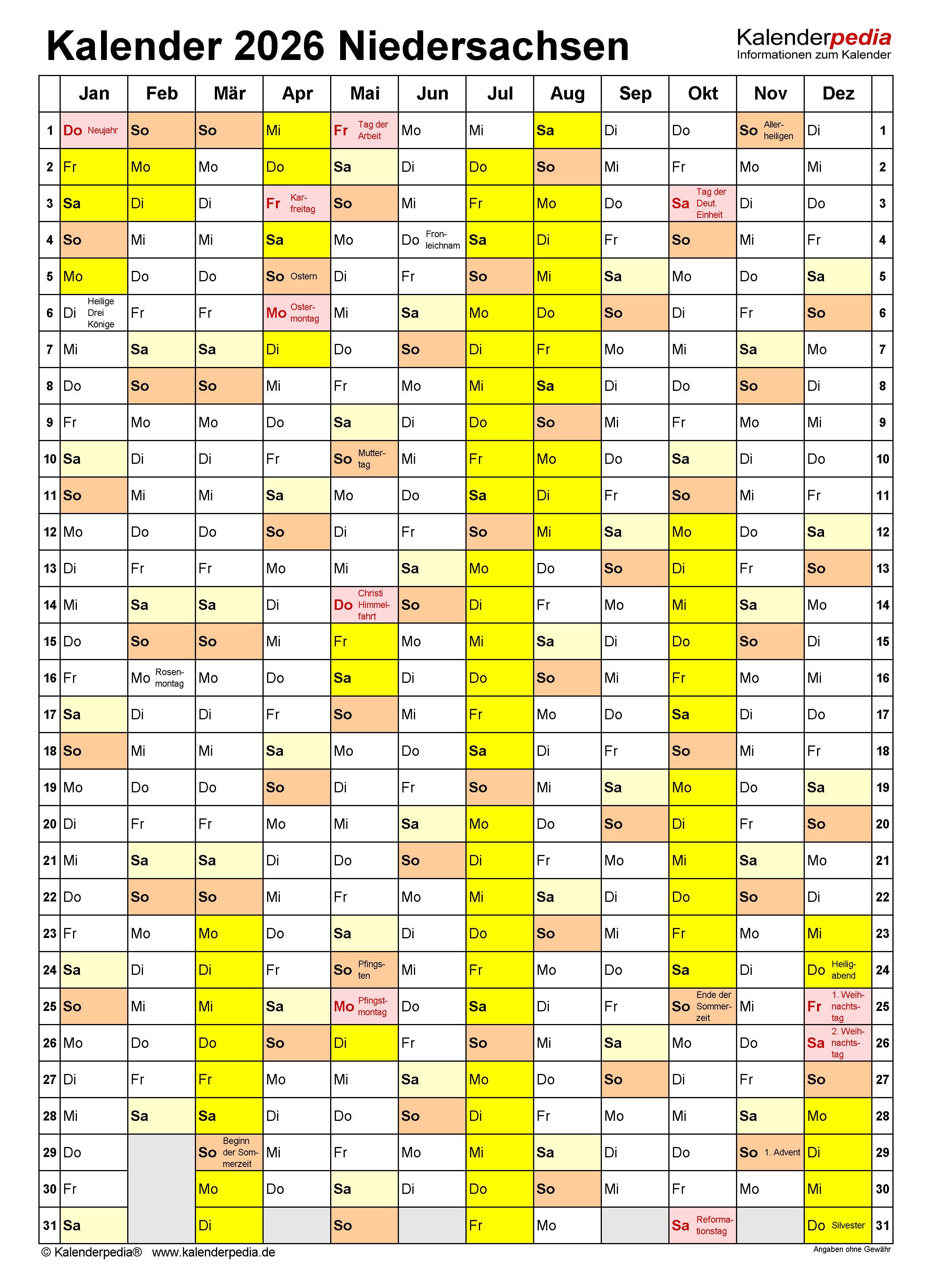  Foto zu Kalender 2026 Niedersachsen: Ferien, Feiertage, Excel-Vorlagen 