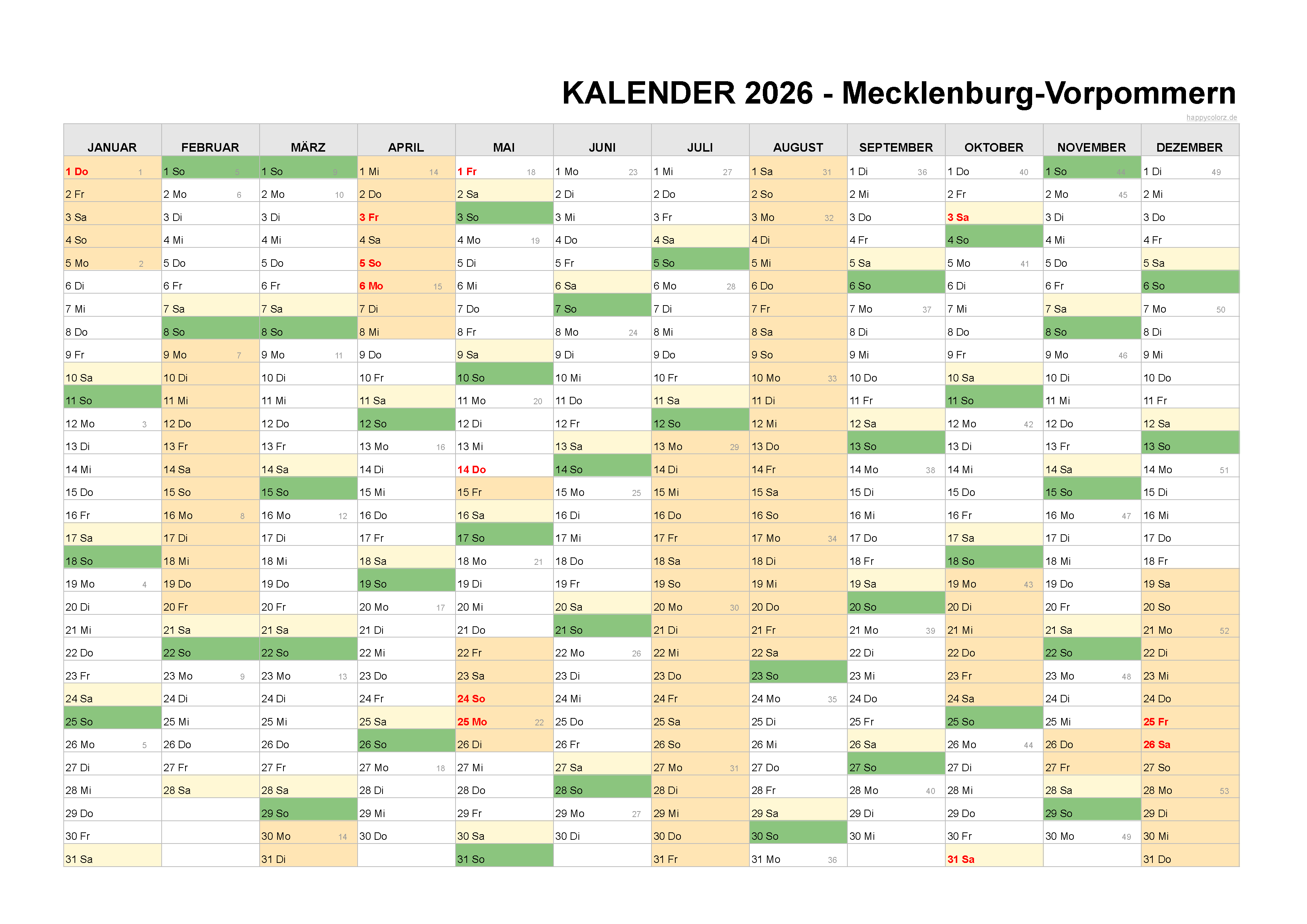  Kalender 2026 Mecklenburg-Vorpommern kostenlos: Ferien-Übersicht 