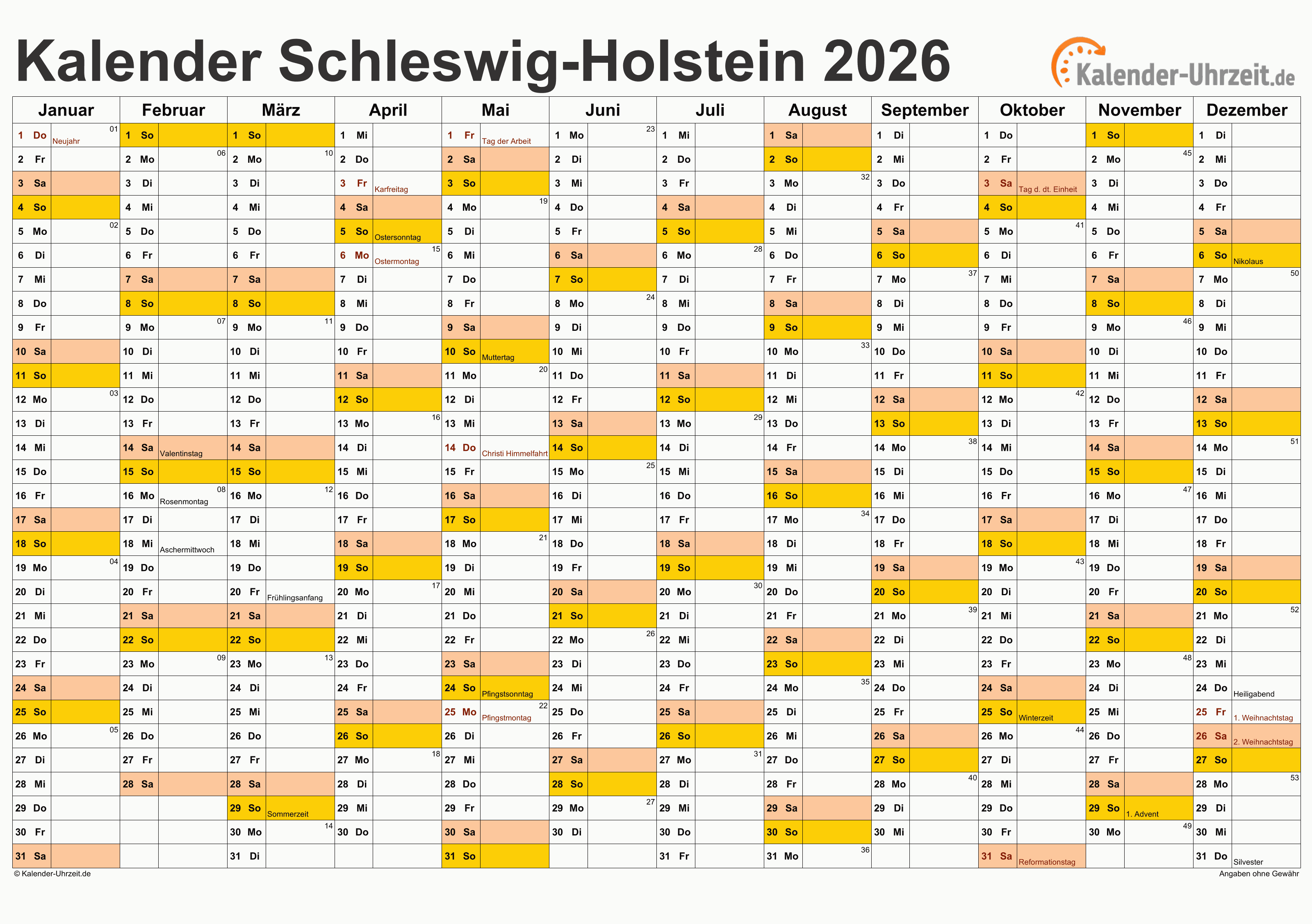  Feiertage 2026 Schleswig-Holstein + Kalender Bildidee 