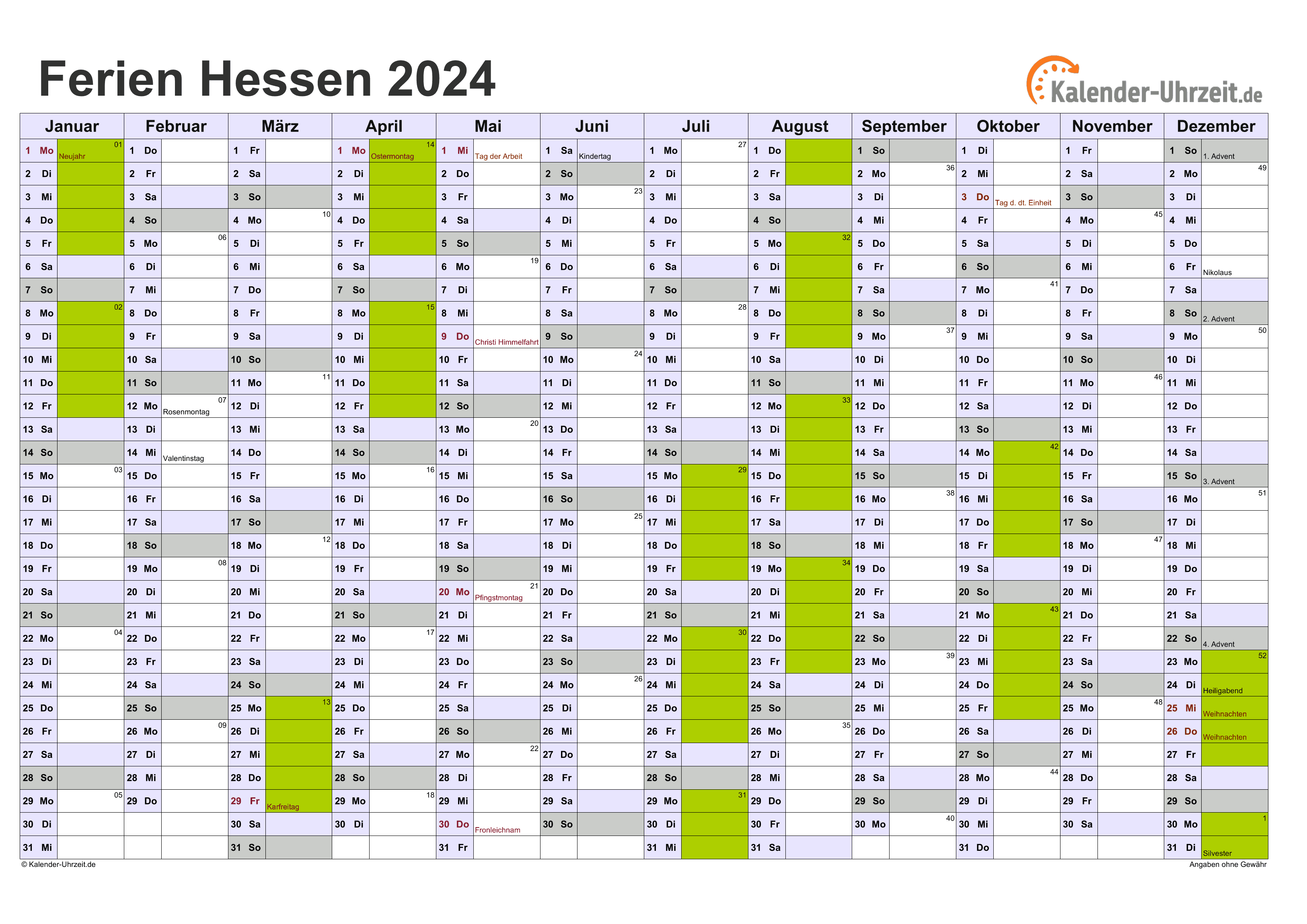  Ferien Hessen 2024 - Ferienkalender zum Ausdrucken 