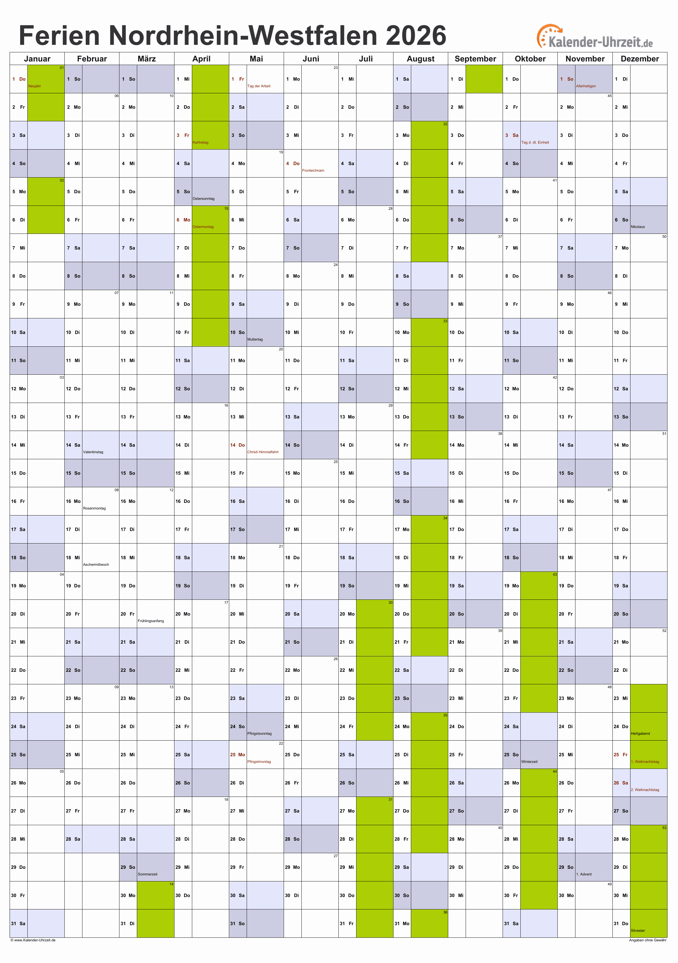  Ferien Nordrhein-Westfalen 2026 - Ferienkalender zum Ausdrucken Illustration 