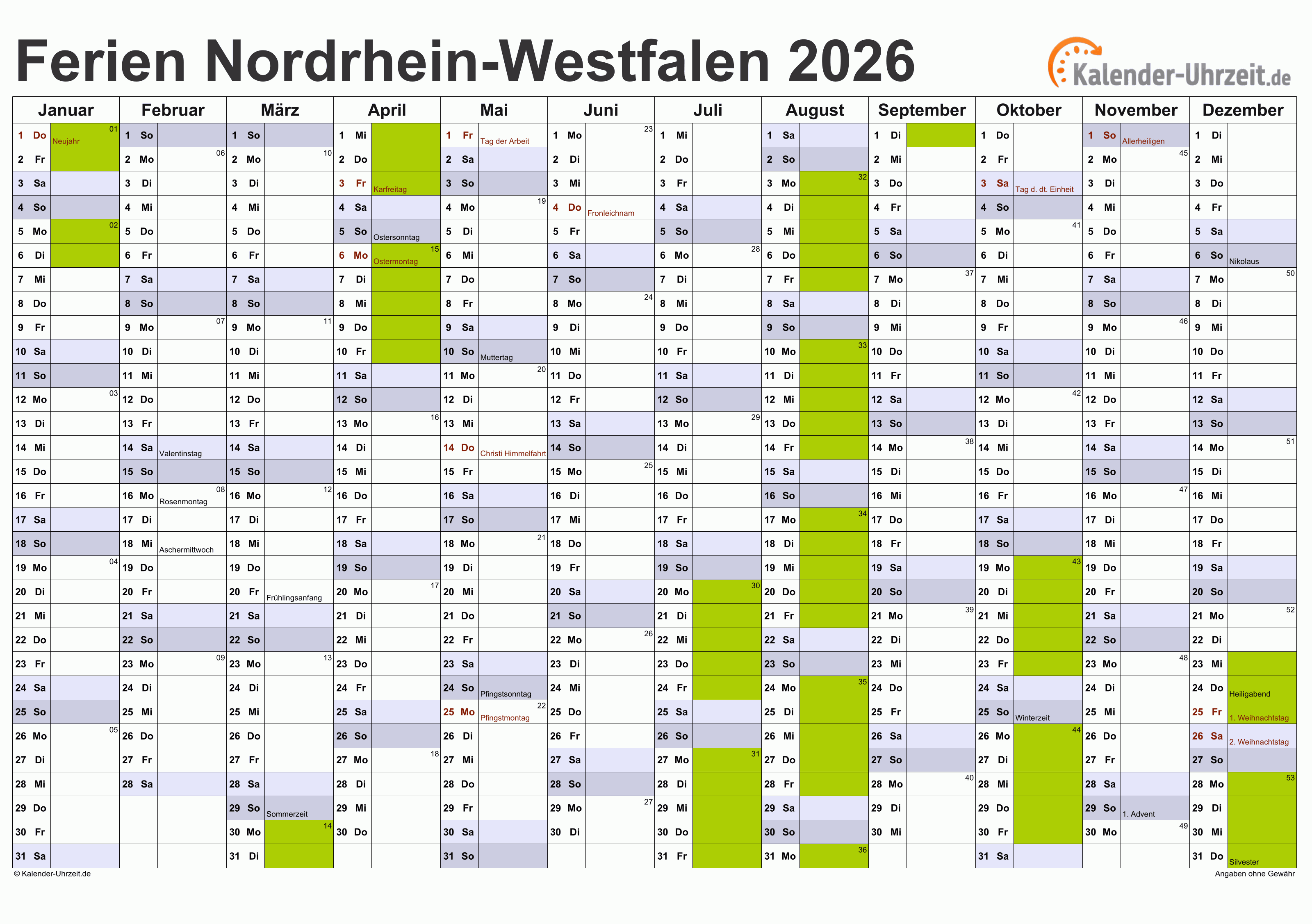 Ferien Nordrhein-Westfalen 2026 - Ferienkalender zum Ausdrucken Motiv 