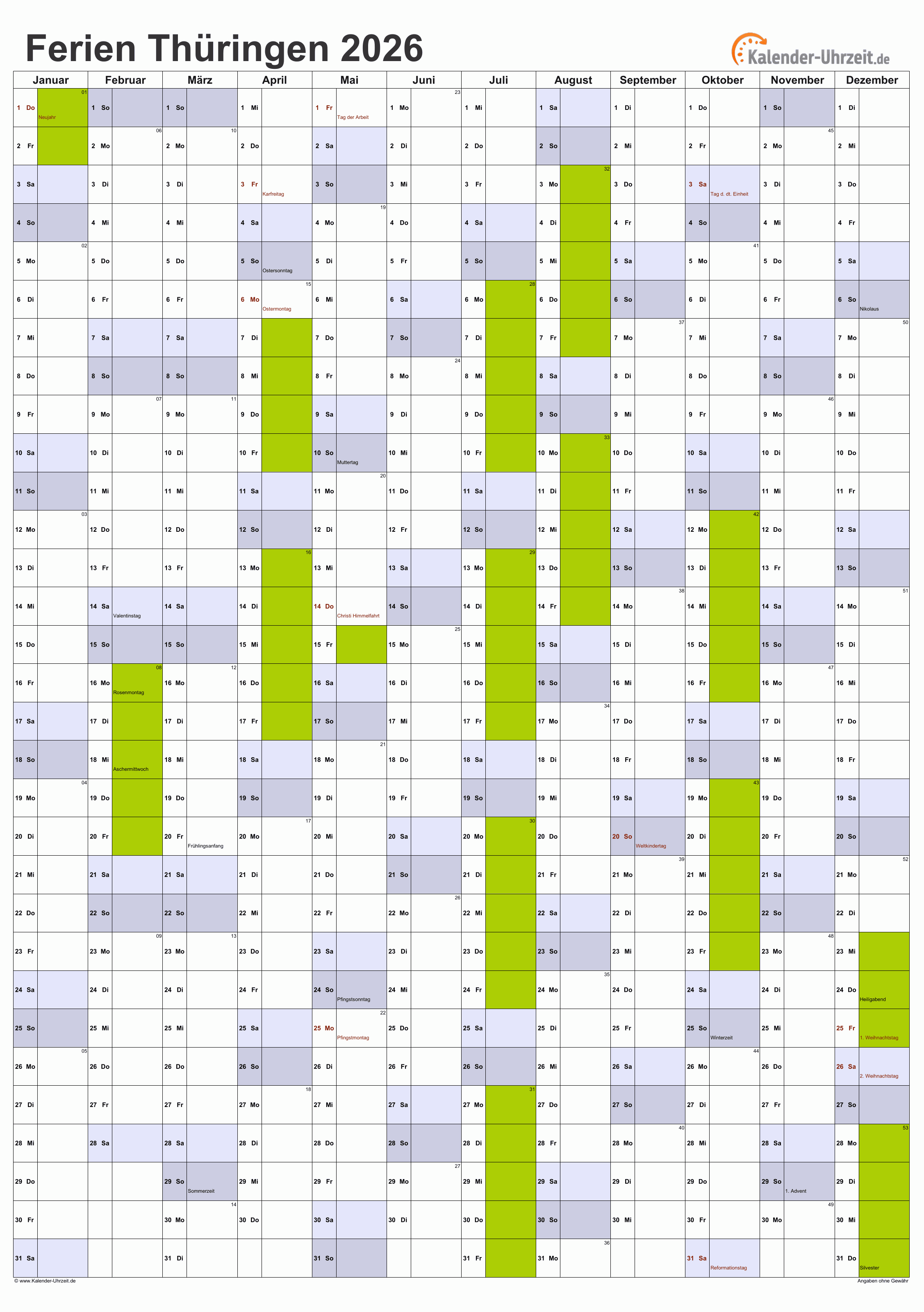  Ferien Thüringen 2026 - Ferienkalender zum Ausdrucken Bildidee 