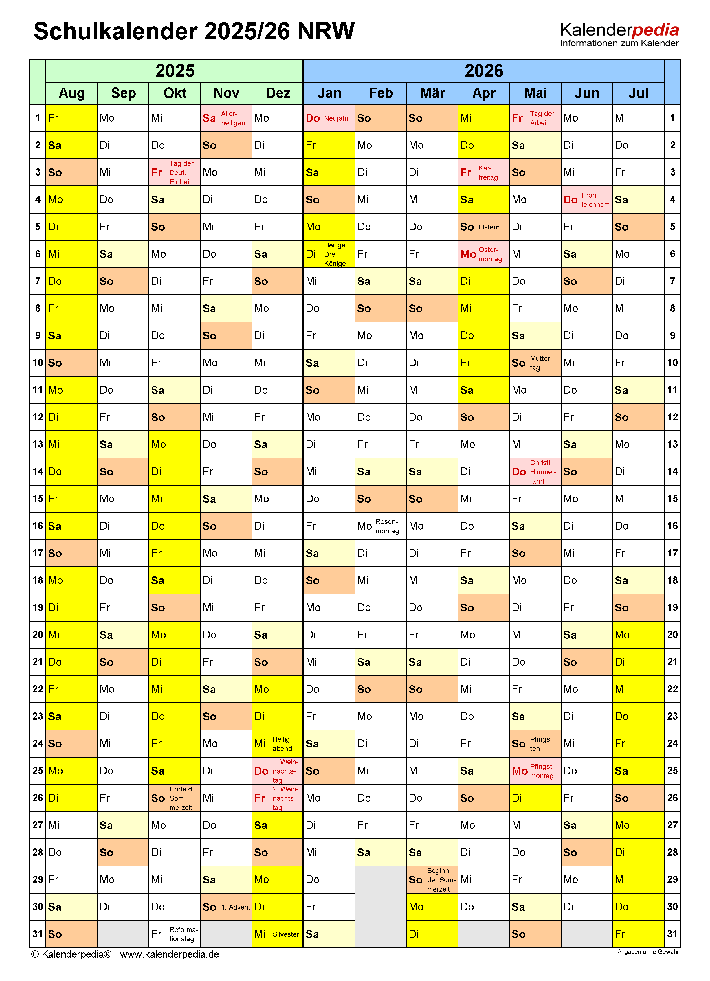  Schulkalender 2025/2026 NRW für PDF Illustration 