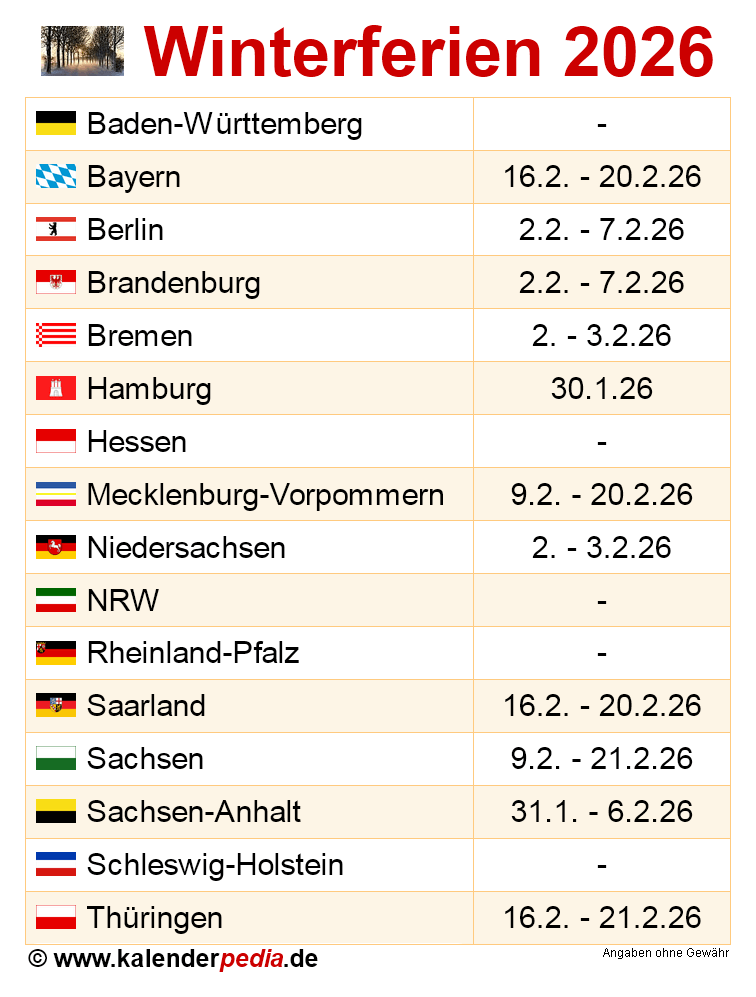  Winterferien 2026 in Deutschland (alle Bundesländer) 