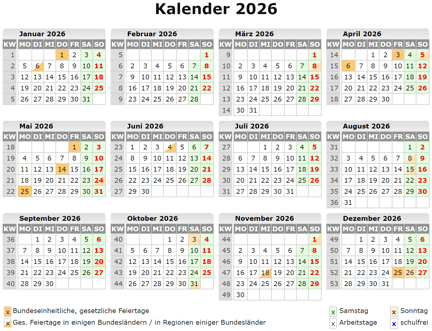  Jahreskalender 2026 Zum Ausdrucken 2026 Kalender Feiertagen Querformat Bildidee 