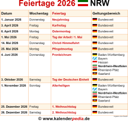  Feiertage Nordrhein-Westfalen (NRW) 2026 - Kalenderpedia Bildidee 