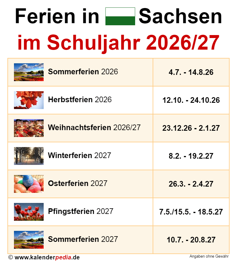  Ferien in Sachsen im Schuljahr 2026/27 