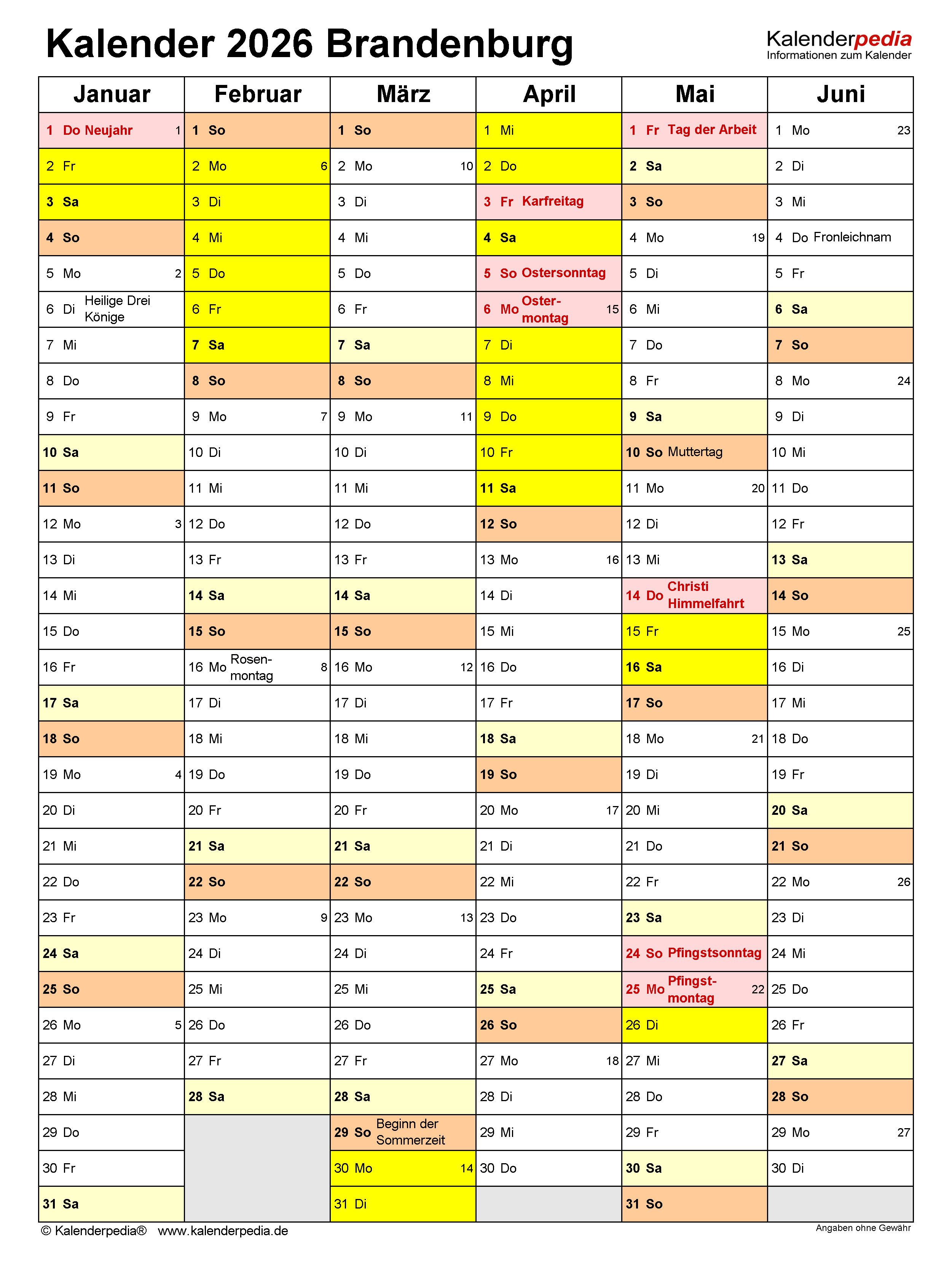  Kalender 2026 Brandenburg: Ferien, Feiertage, PDF-Vorlagen Motiv 