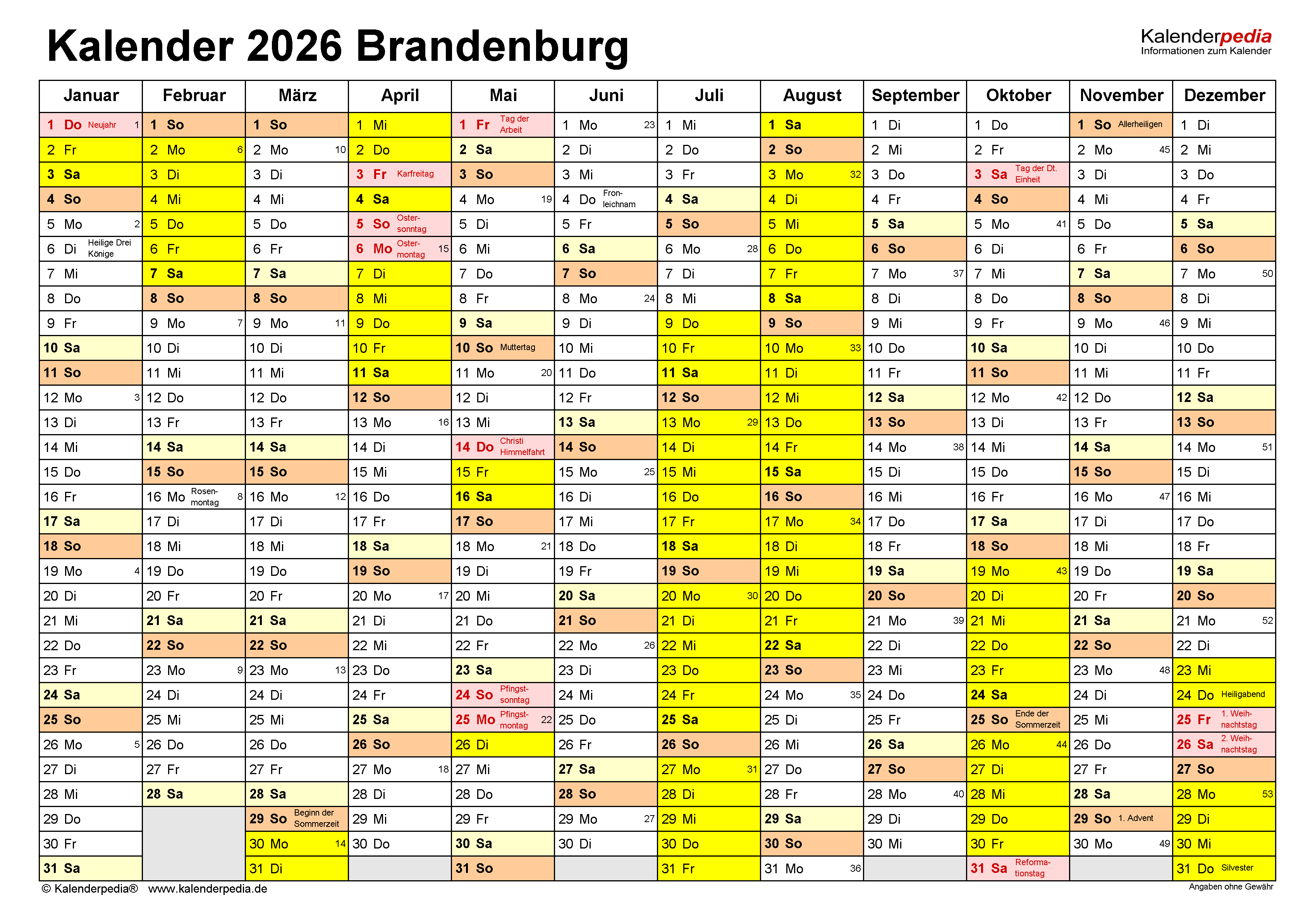  Kalender 2026 Brandenburg: Ferien, Feiertage, PDF-Vorlagen Bildidee 