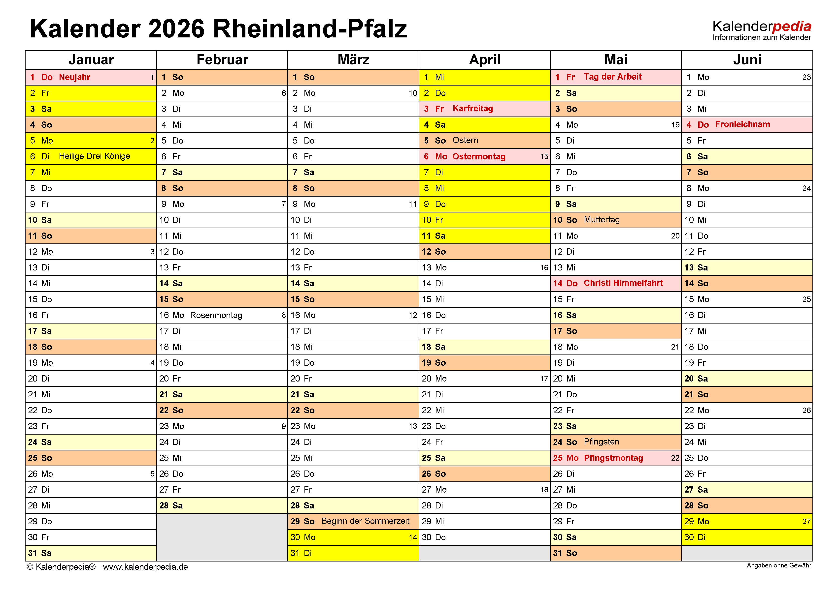  Kalender 2026 Rheinland-Pfalz: Ferien, Feiertage, PDF-Vorlagen Illustration 
