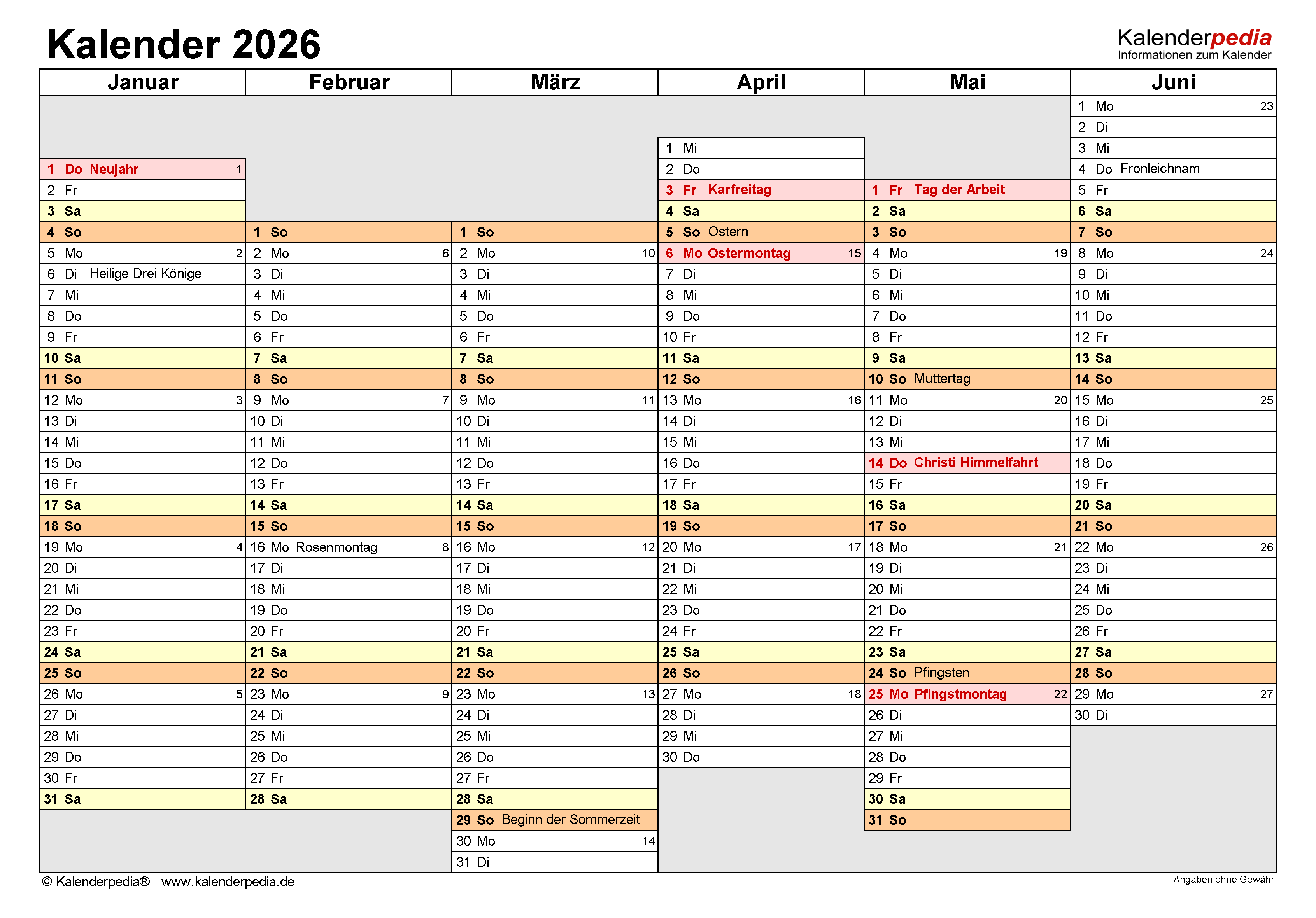  Kalender 2026 zum Ausdrucken in Excel - 20 Vorlagen (kostenlos) Bildidee 