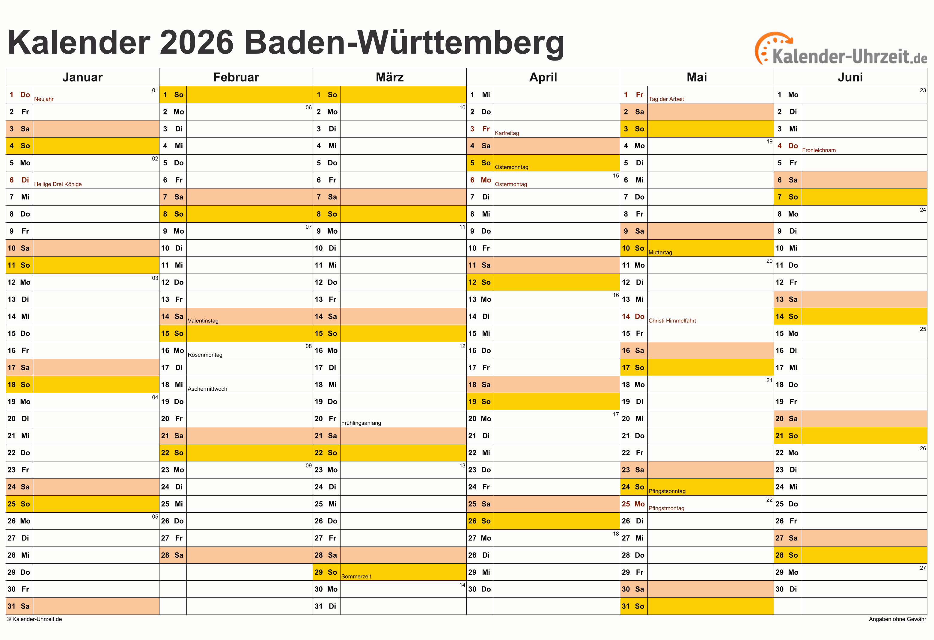  Feiertage 2026 Baden-Württemberg + Kalender 