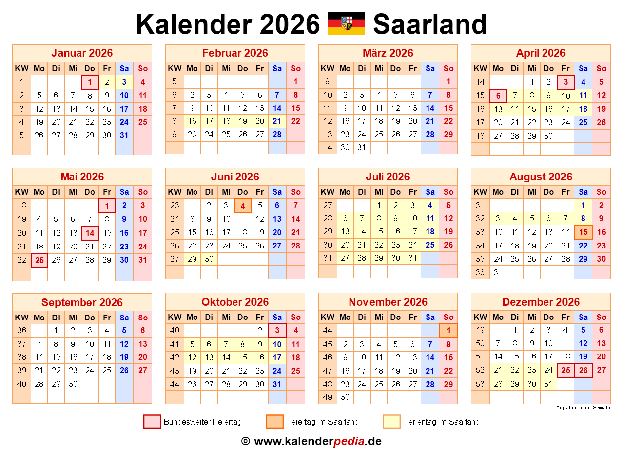  Kalender 2026 Saarland: Ferien, Feiertage, Excel-Vorlagen Motiv 
