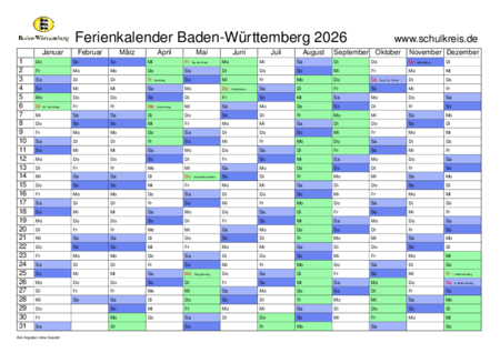  Schulferien-Kalender Baden-Württemberg BW 2026 mit Feiertagen und Ferien Motiv 