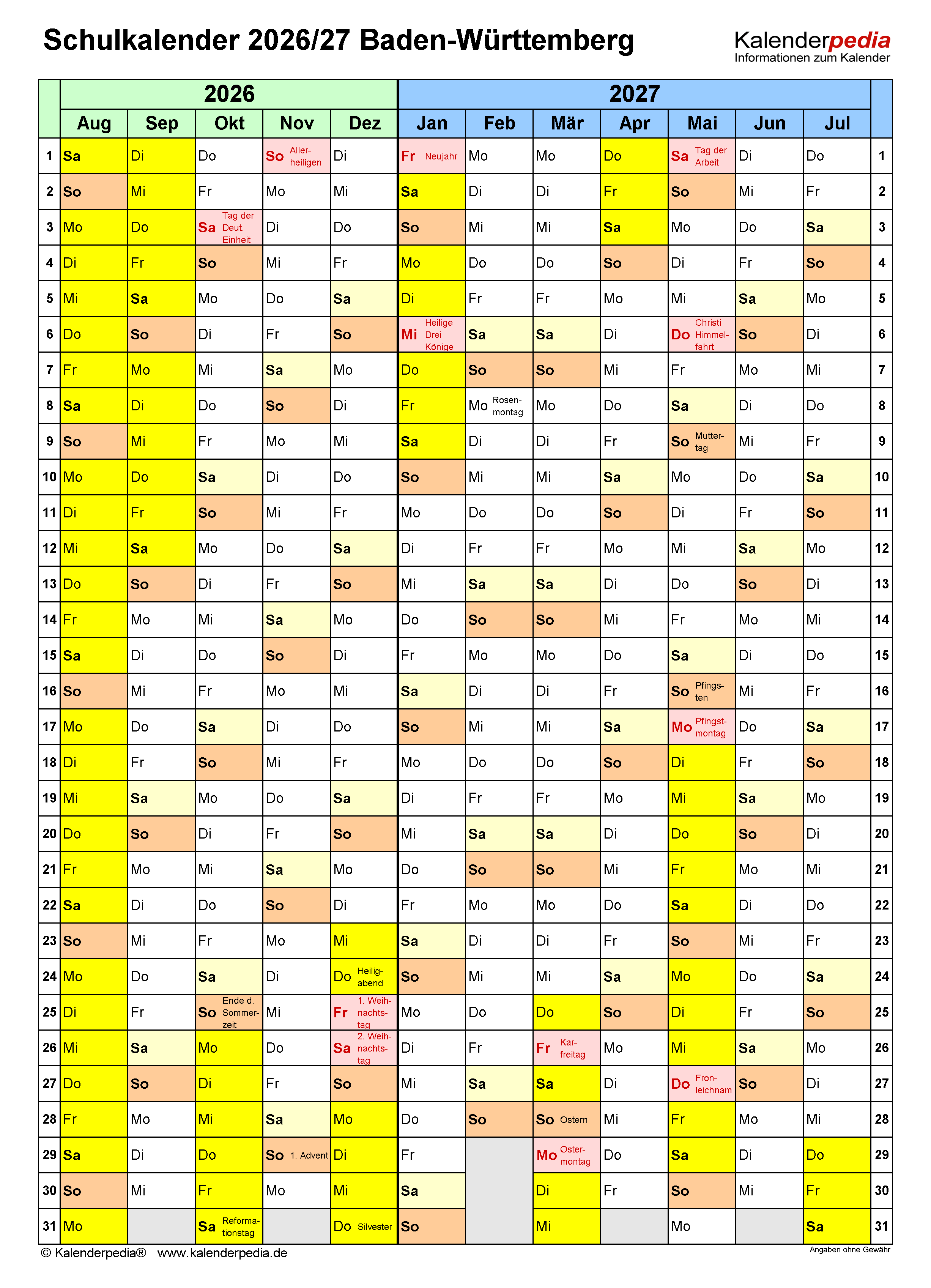  Schulkalender 2026/2027 Baden-Württemberg für Excel 