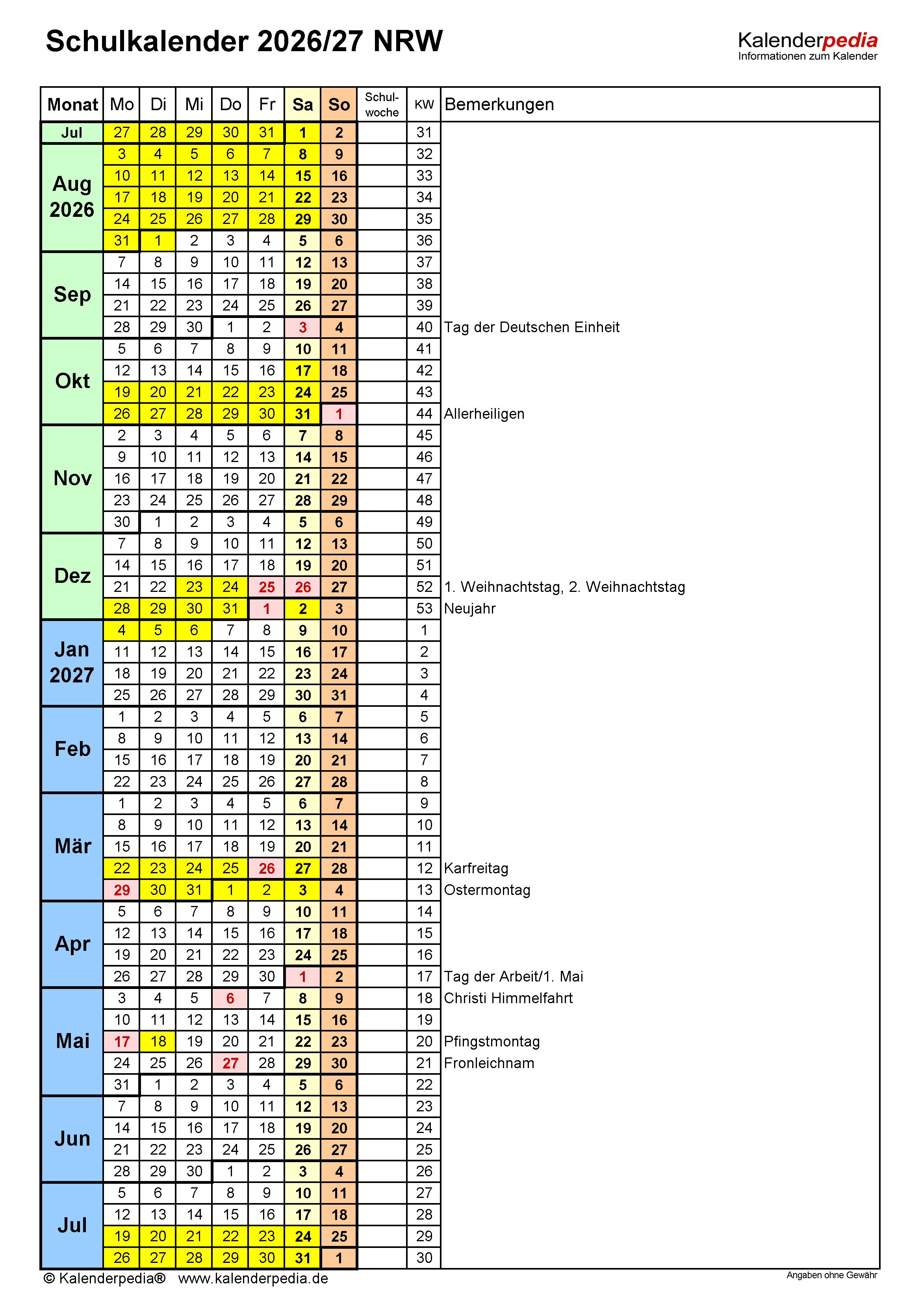  Foto zu Schulkalender 2026/2027 NRW für PDF 