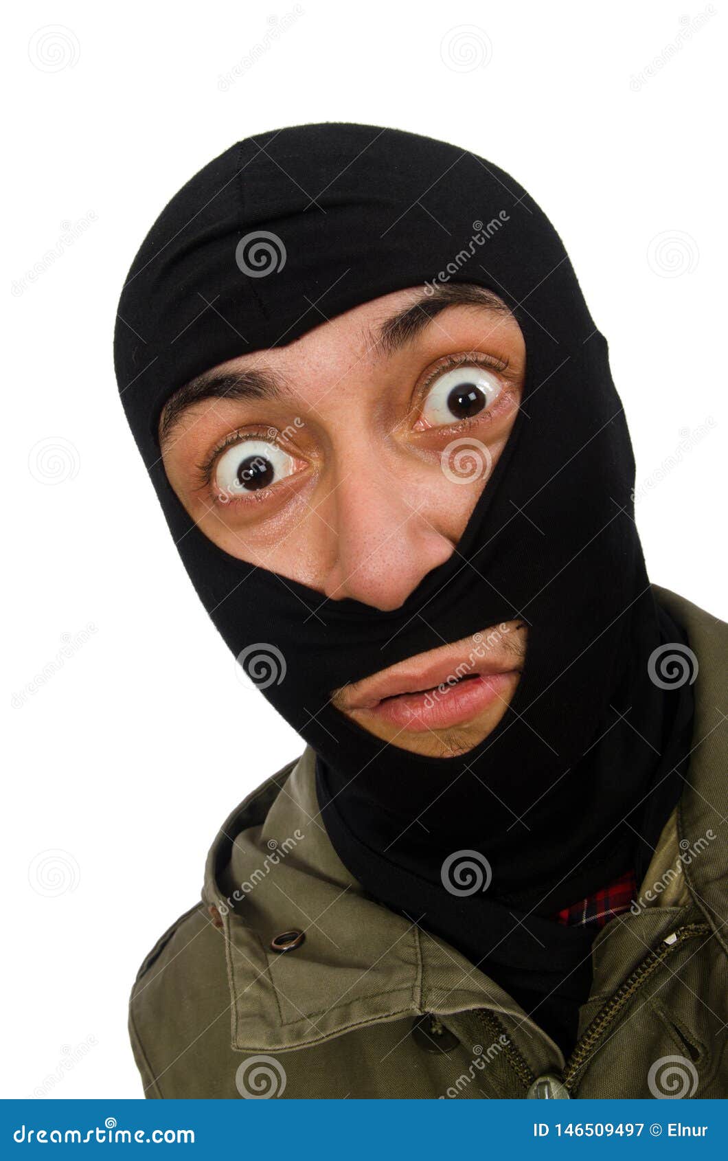 Criminal With Face Mask The Criminal Wearing Mask Isolated On White Stock Photo