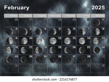 2025 Calendar With Moon Phases February 2025 Lunar Calendar Moon Cycles Stock Illustration 2216176877