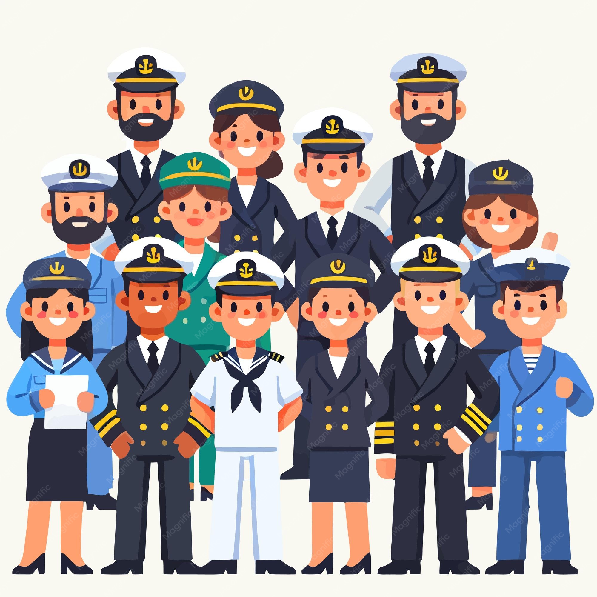 Iplayer Films For Children – Group of merchant navy crew standing together in a flat design style