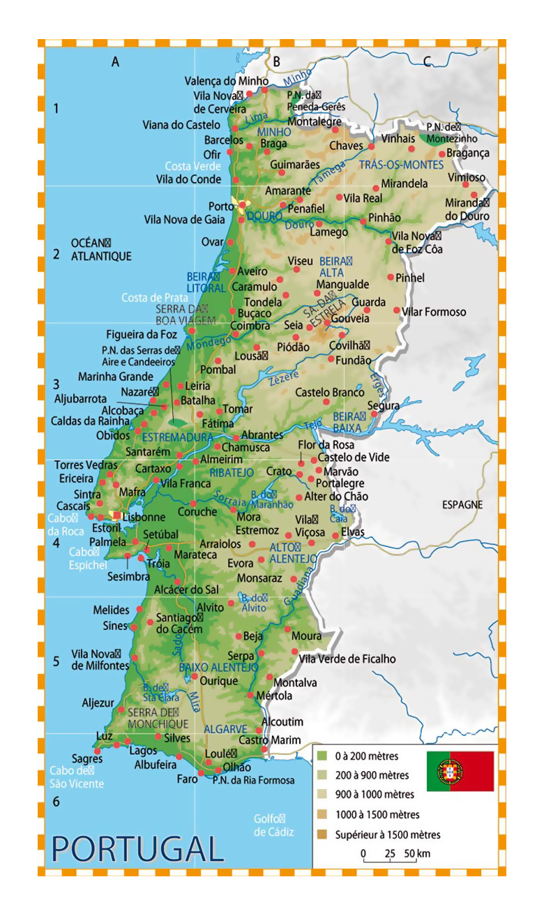  Portugal map with its cities and towns showing Illustration 
