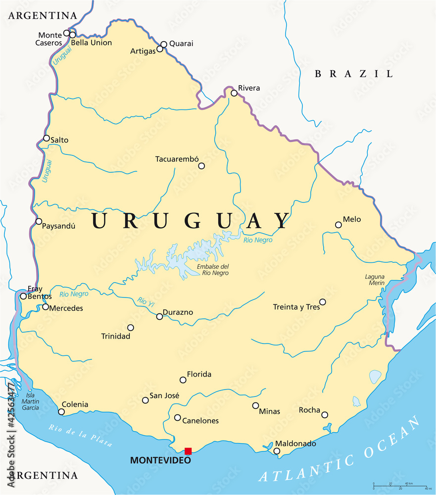  Poster Uruguay political map with capital Montevideo, national borders Bildidee 