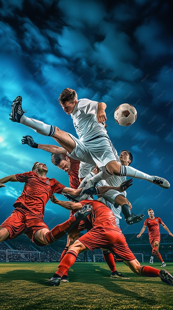  Football action scene with competing soccer players Illustration 