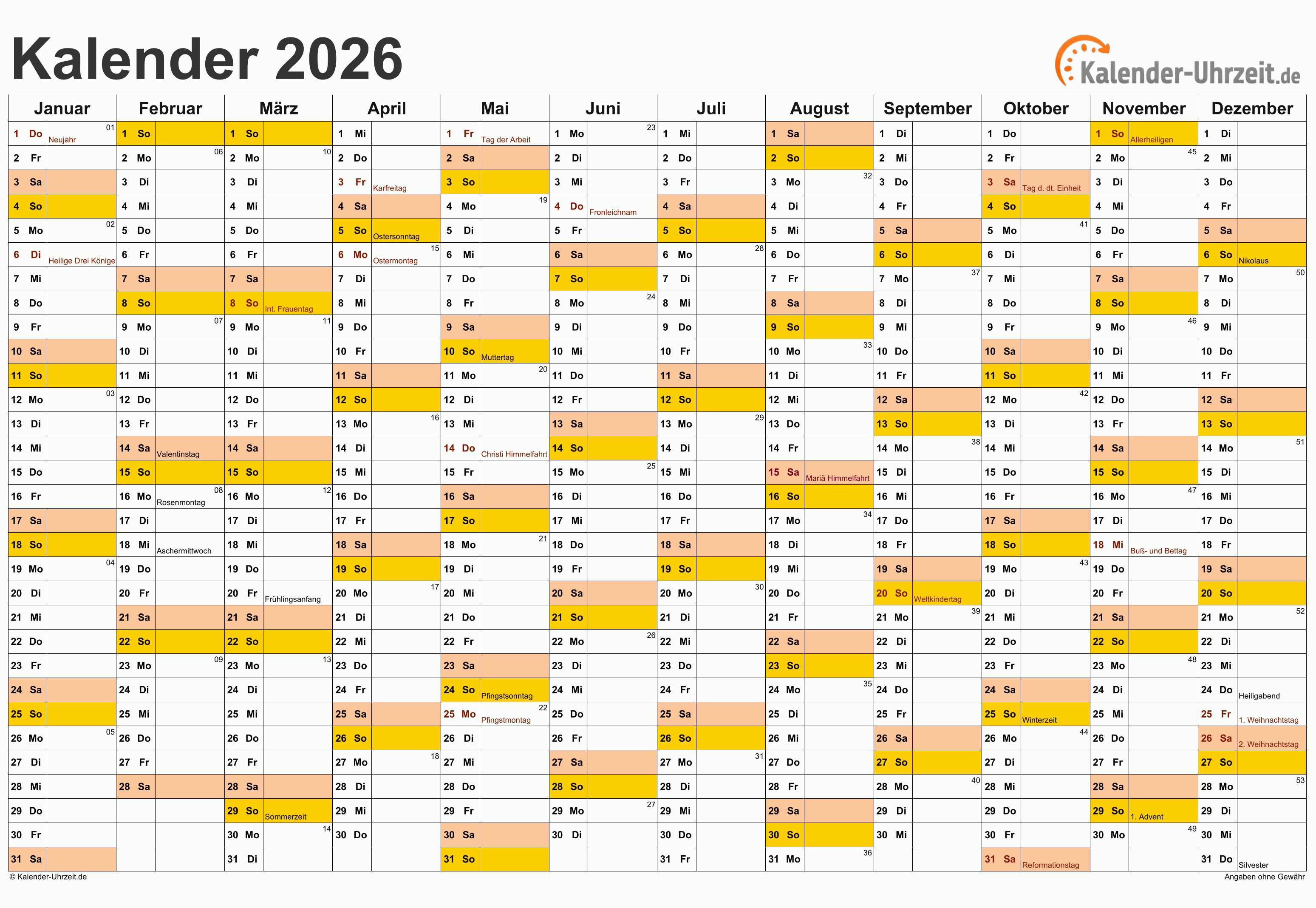  Kalender 2026 mit Feiertagen 