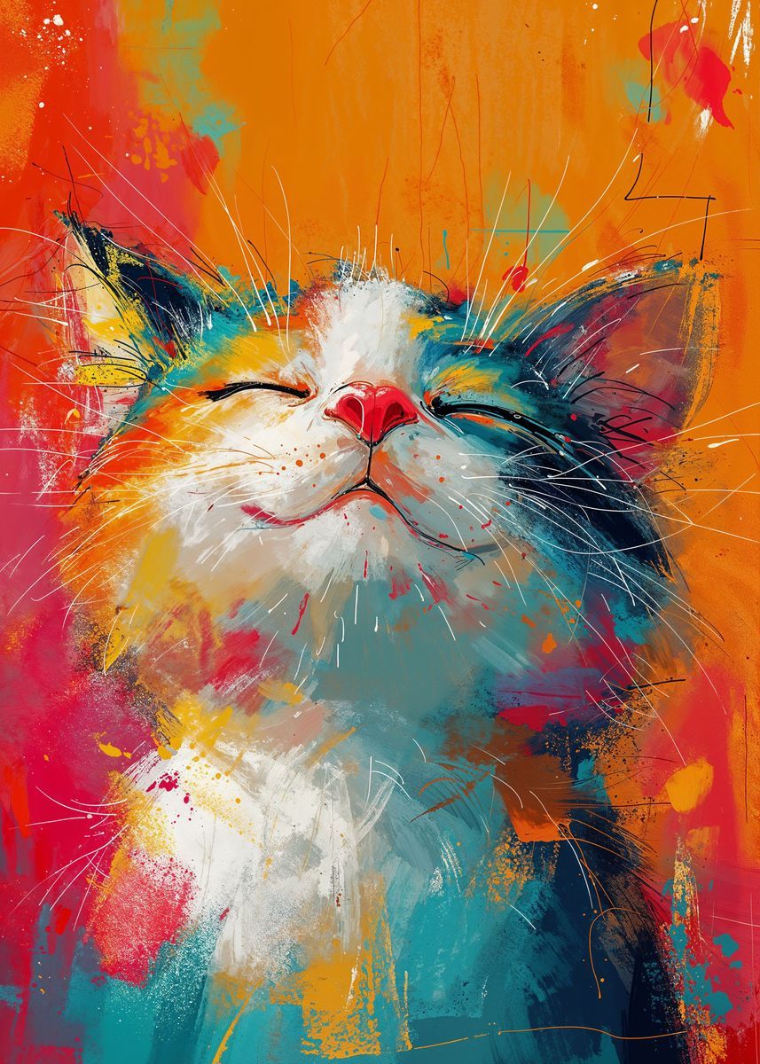  'Blissful Cat Whiskers' Poster, picture, metal print, paint by Katsu Motiv 