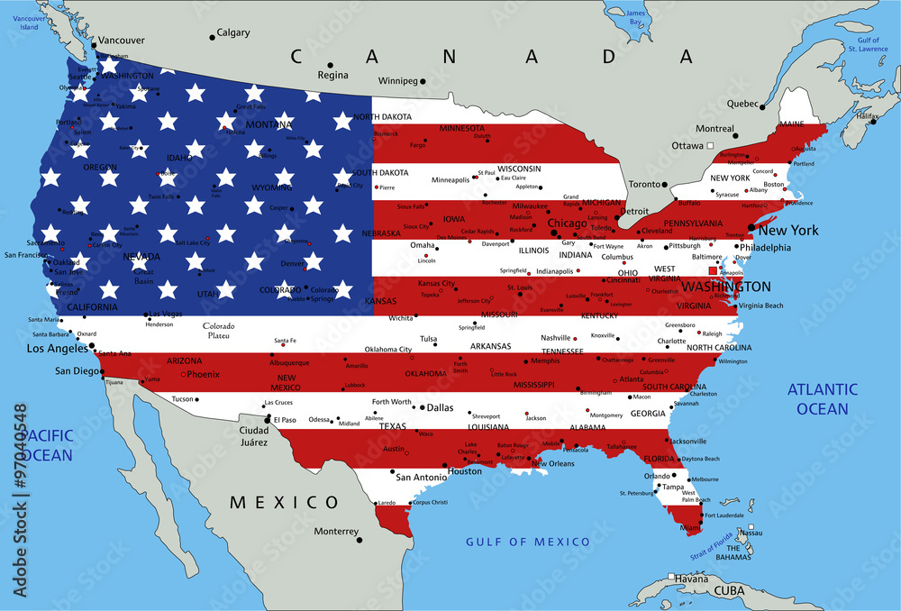  United States of America highly detailed political map with national 