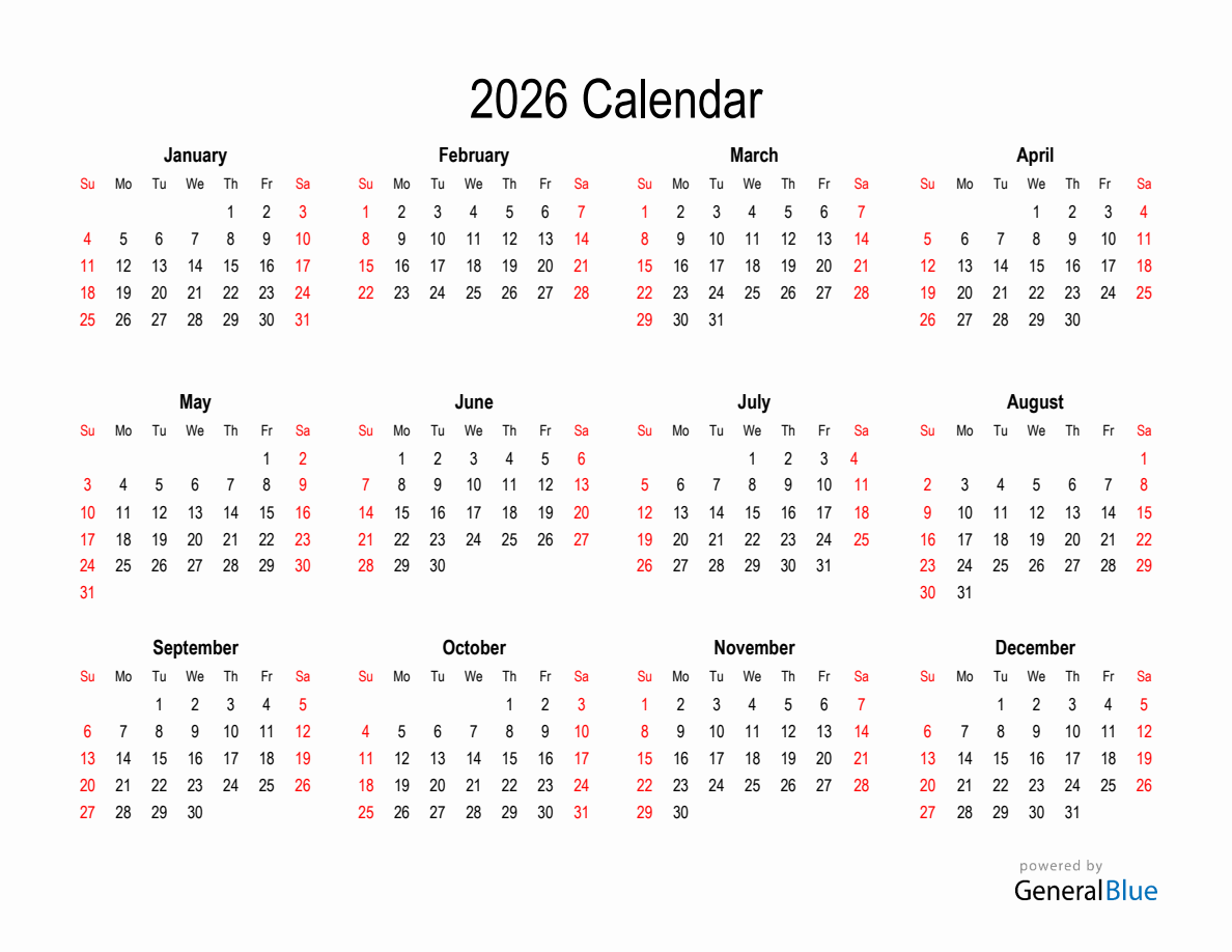 2026 Bugatti Printable Yearly Calendar For 2026 (with Red Weekend)