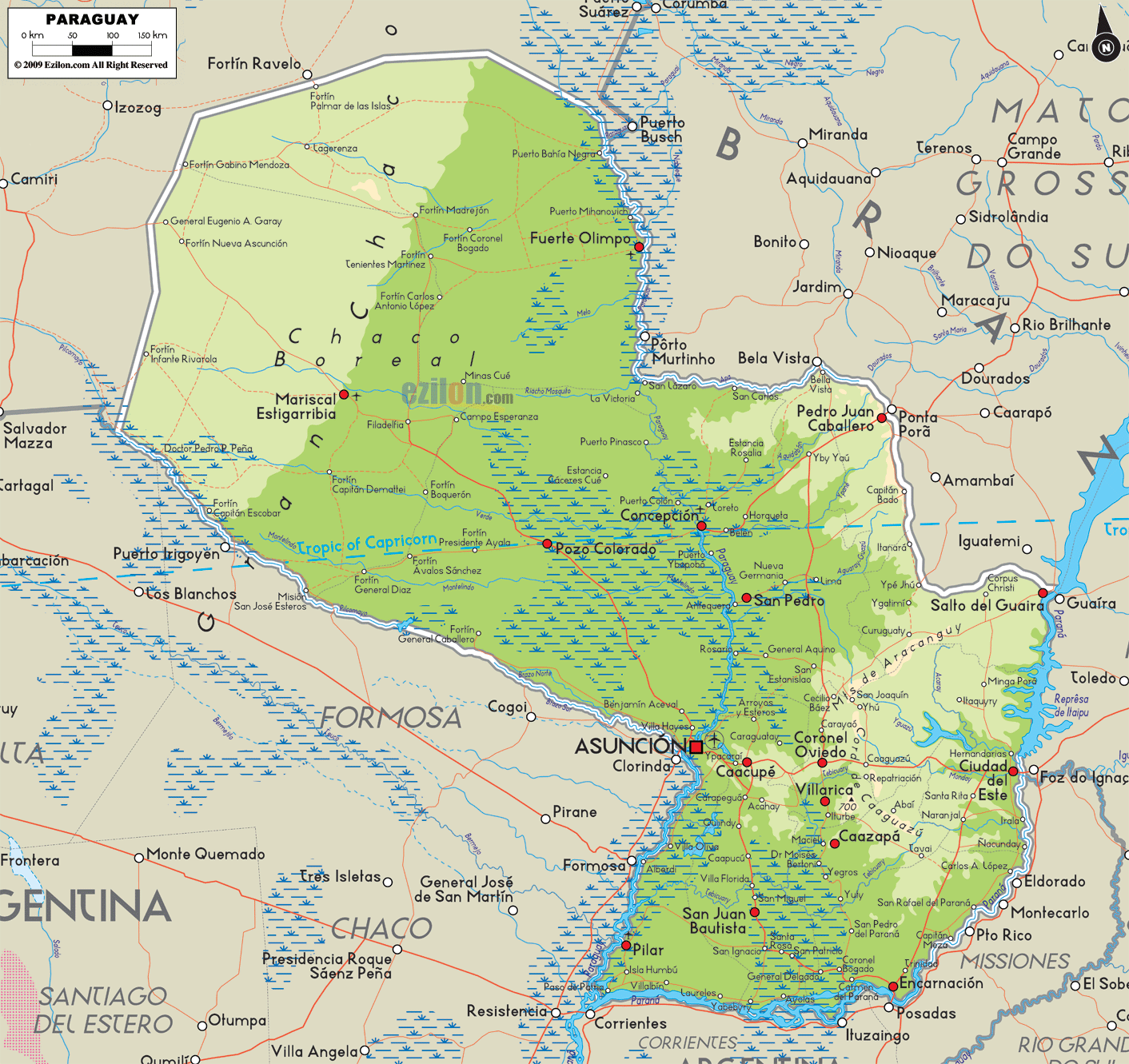  Physical Map of Paraguay - Ezilon Maps Illustration 