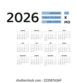  Botswana Calendar 2026 Week Starts Monday Stock Vector (Royalty Free Illustration 
