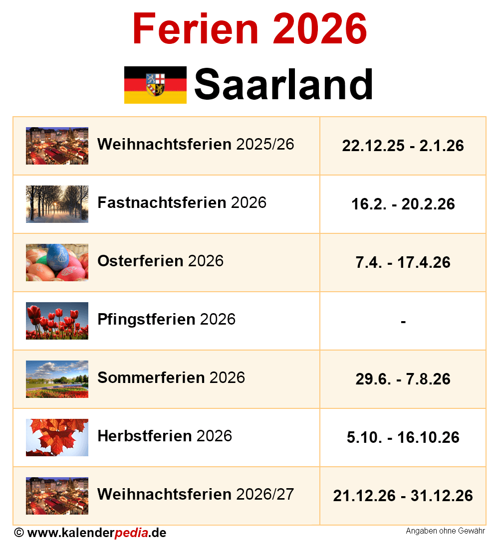  Ferien Saarland 2026 - Übersicht der Ferientermine Bildidee 