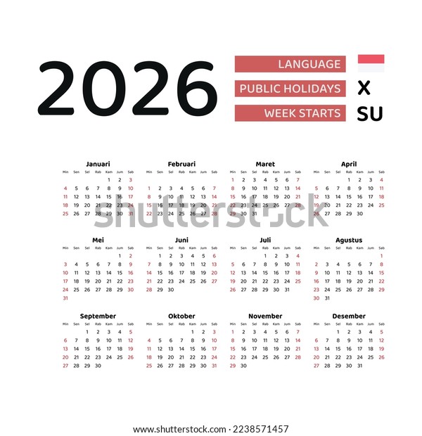  Indonesia Calendar 2026 Week Starts Sunday Stock Vector (Royalty Free Bildidee 
