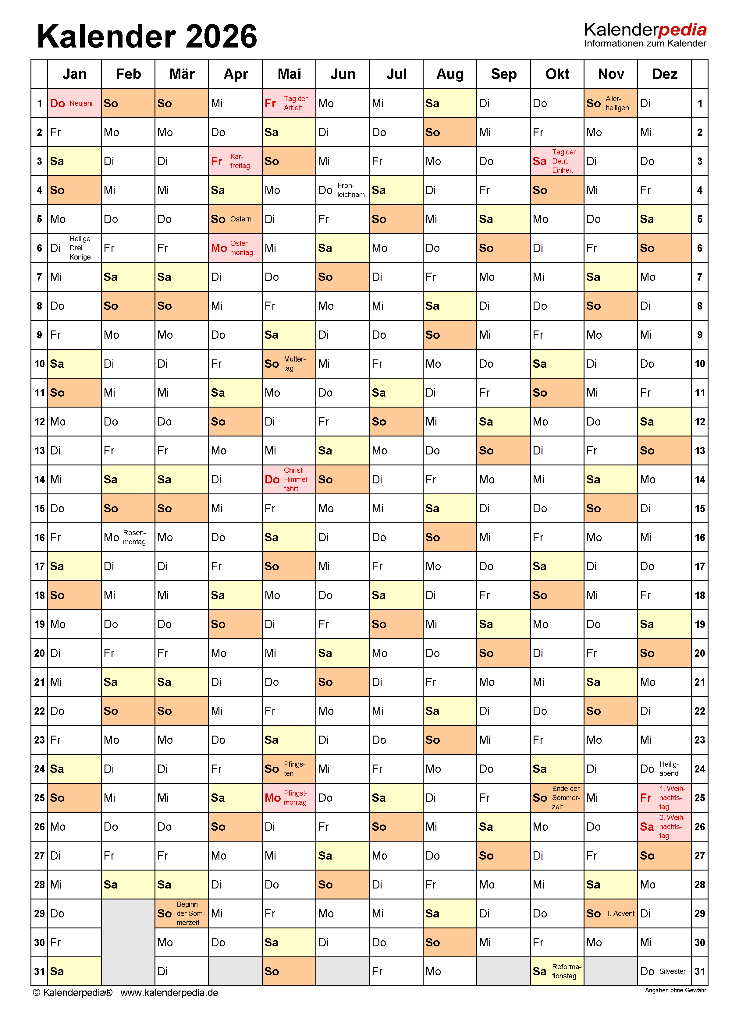  Kalender 2026 zum Ausdrucken in Excel - 20 Vorlagen (kostenlos) Bildidee 