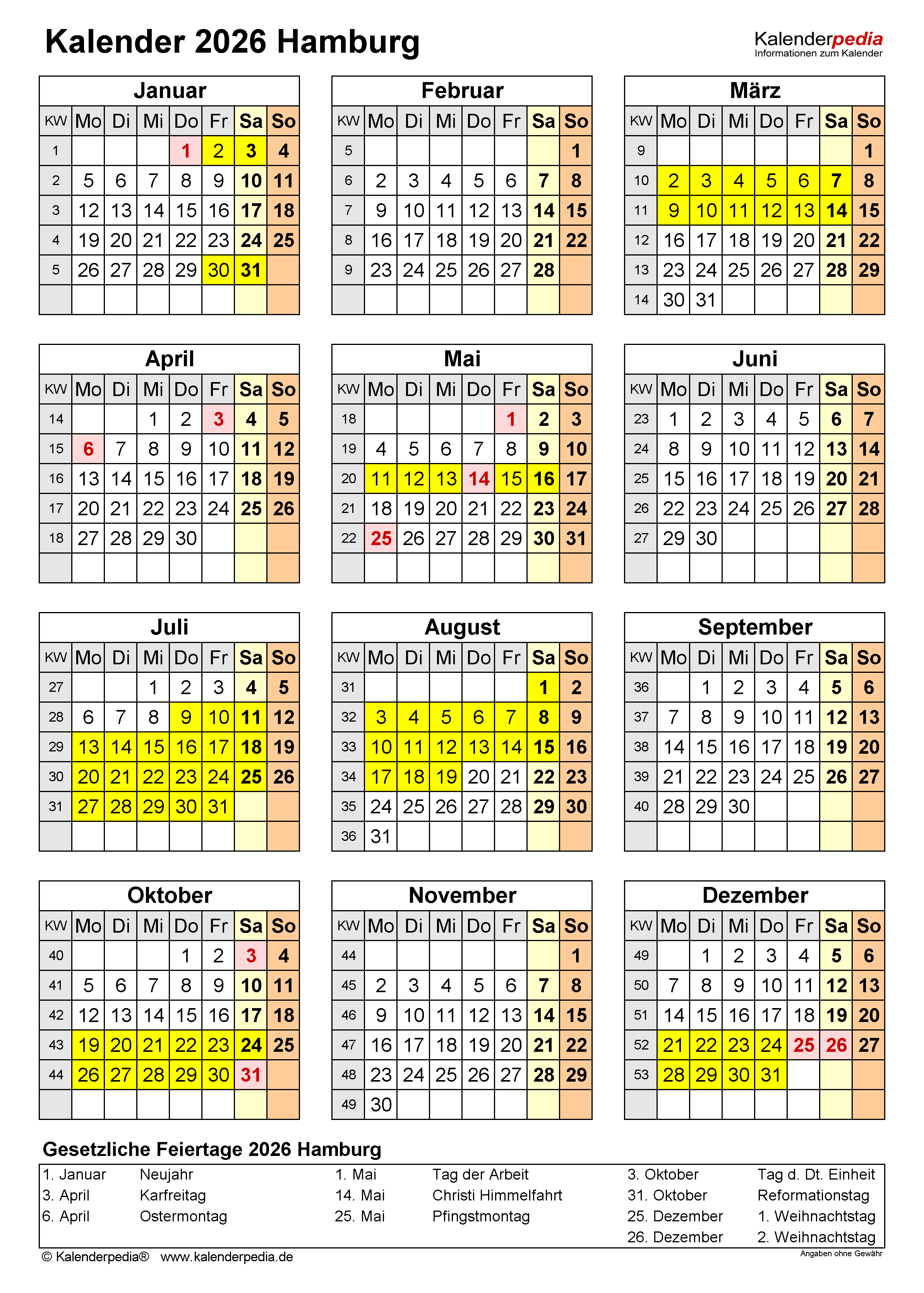 Foto zu Kalender 2026 Hamburg: Ferien, Feiertage, PDF-Vorlagen 