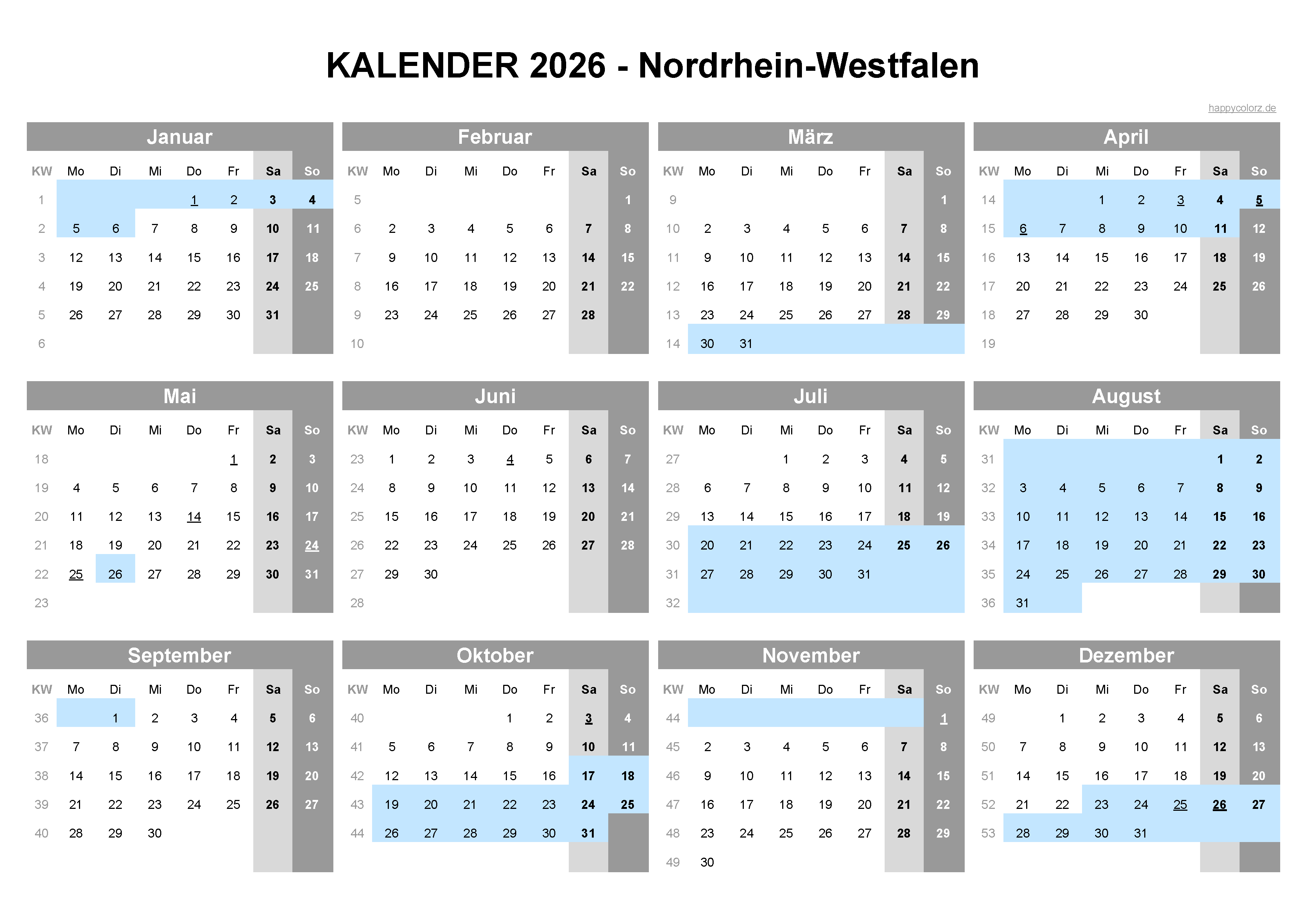  Foto zu Kalender 2026 NRW kostenlos: Ferien-Übersicht, Feiertage, PDF-Vorlagen 