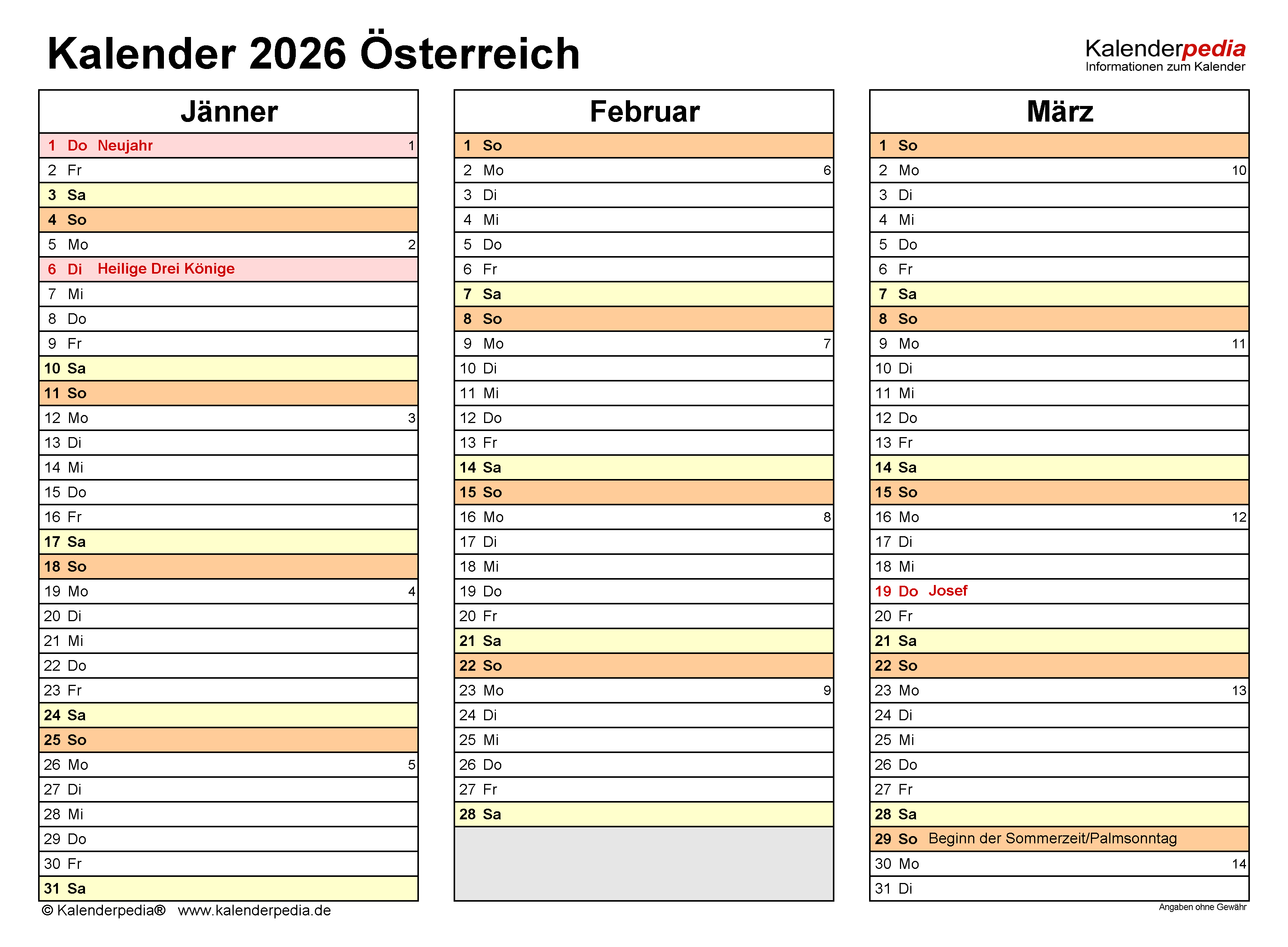  Kalender 2026 Österreich zum Ausdrucken als PDF Illustration 
