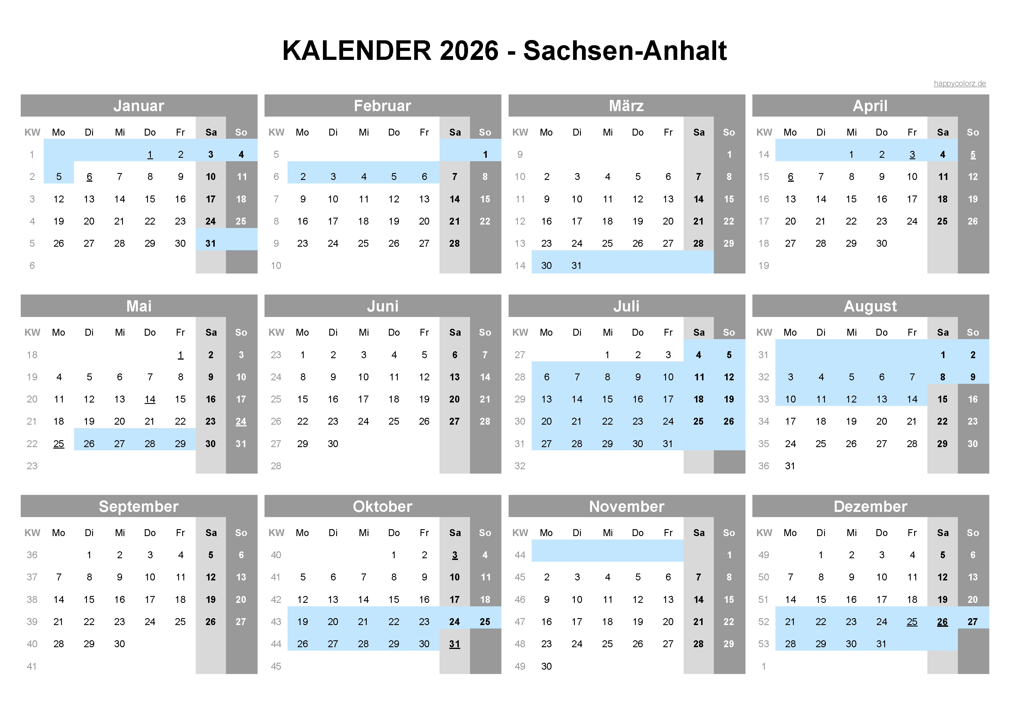  Kalender 2026 Sachsen-Anhalt kostenlos: Ferien-Übersicht, Feiertage Illustration 