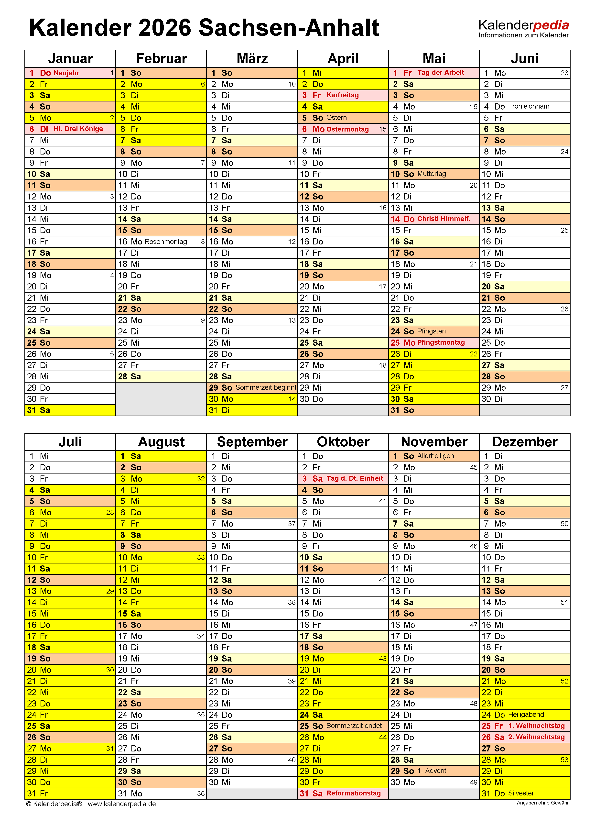  Kalender 2026 Sachsen-Anhalt: Ferien, Feiertage, Word-Vorlagen Bildidee 