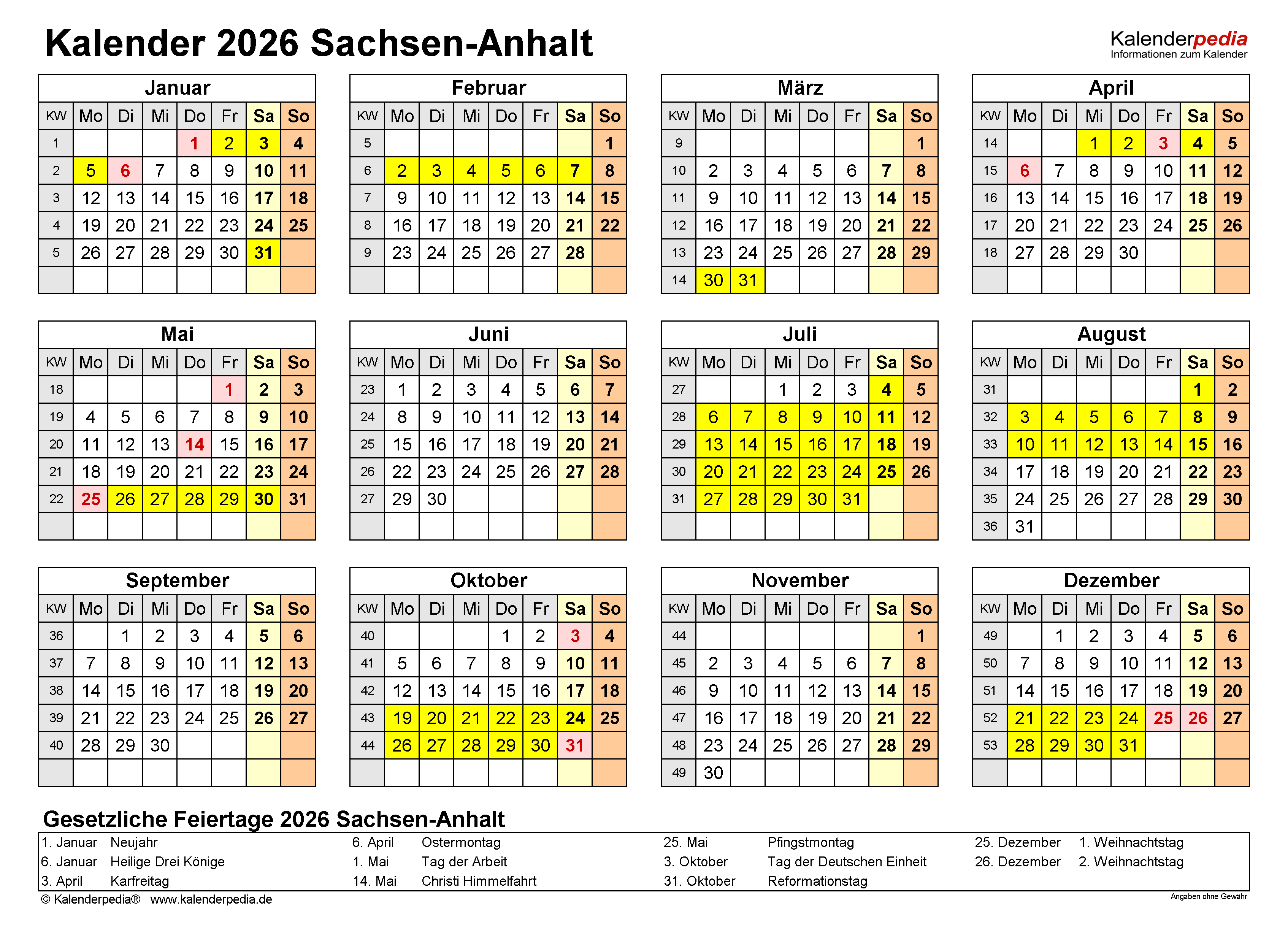  Kalender 2026 Sachsen-Anhalt: Ferien, Feiertage, Excel-Vorlagen 