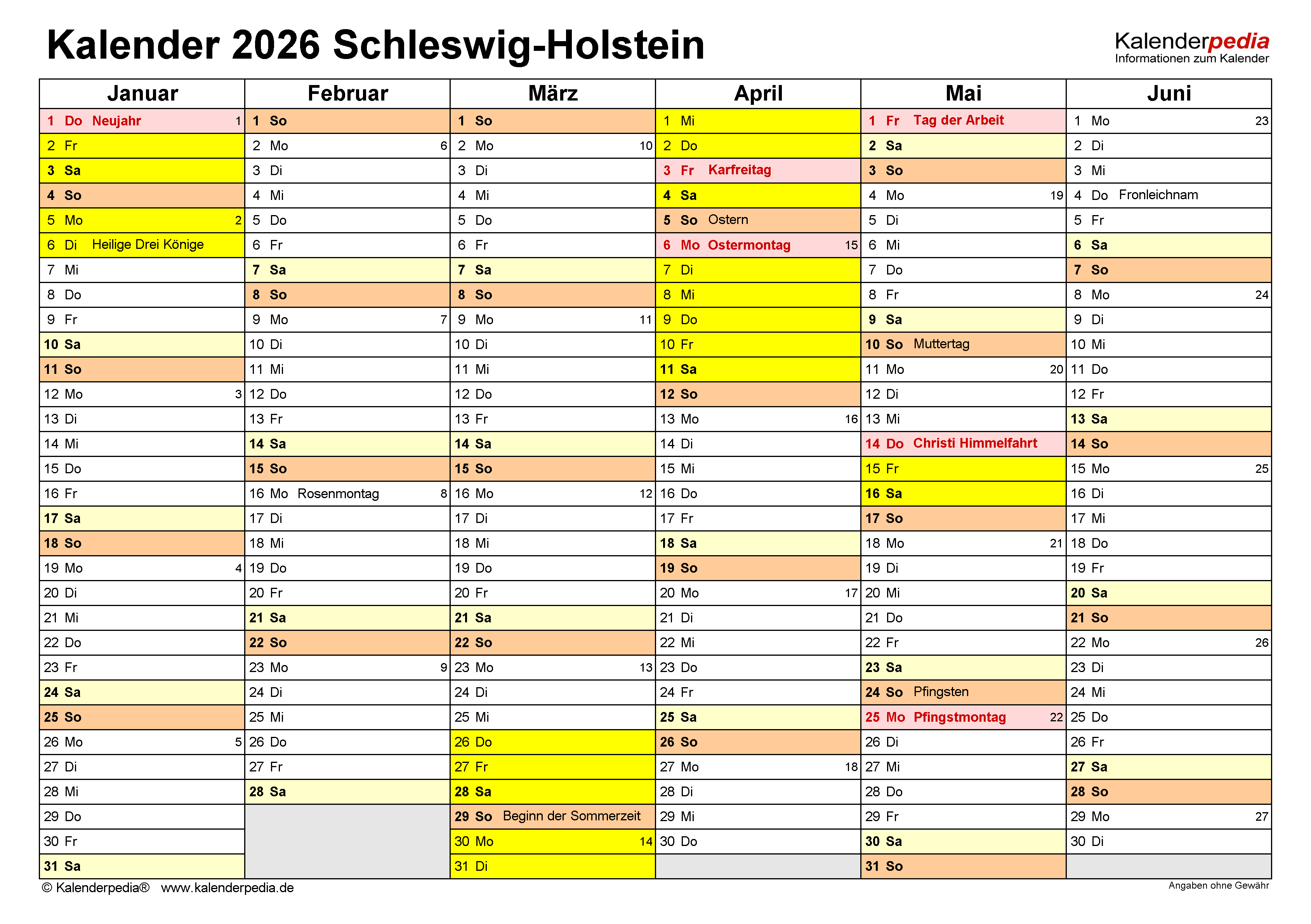  Kalender 2026 Schleswig-Holstein: Excel-Vorlagen mit Ferien 