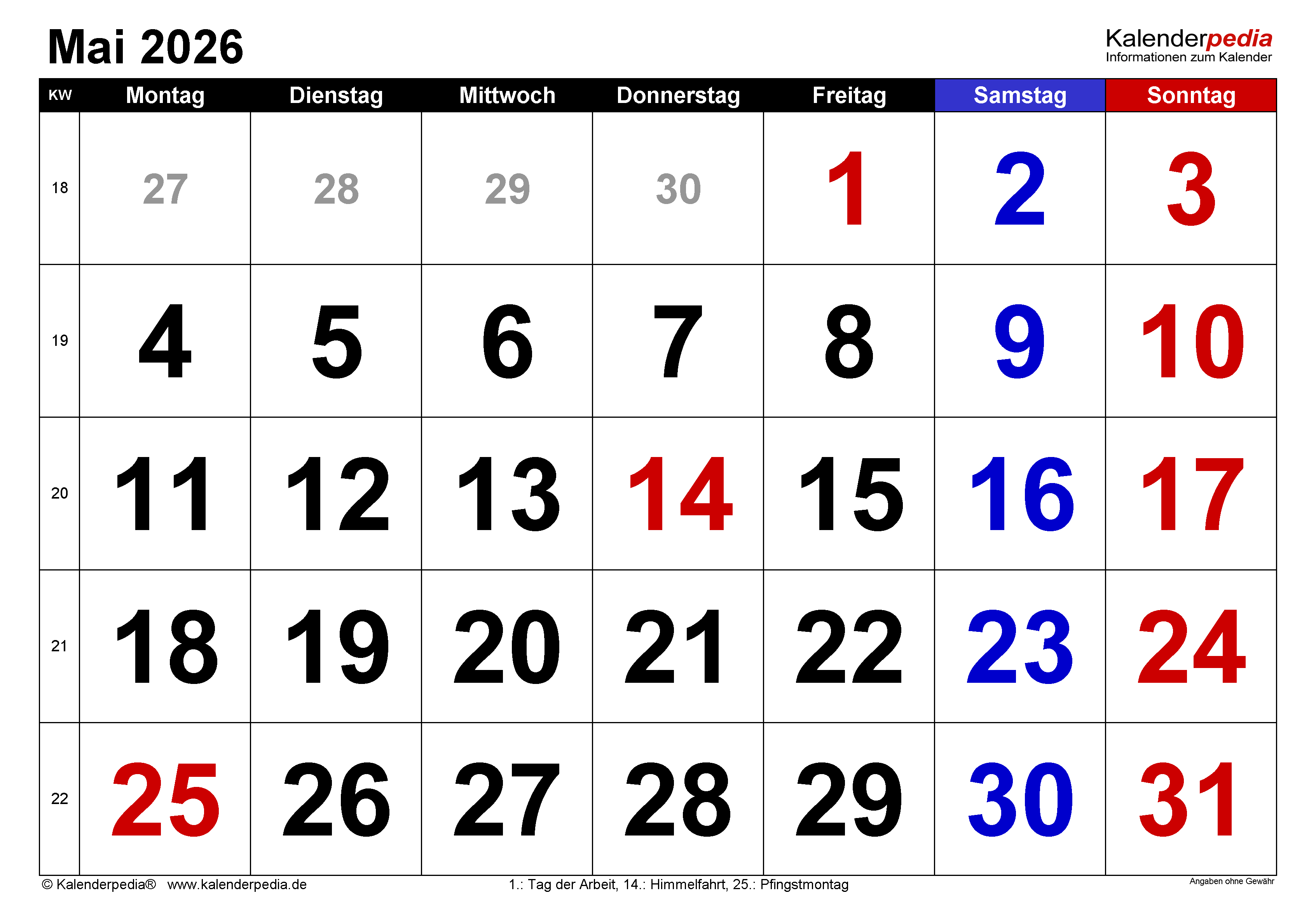  Kalender Mai 2026 als Excel-Vorlagen Illustration 