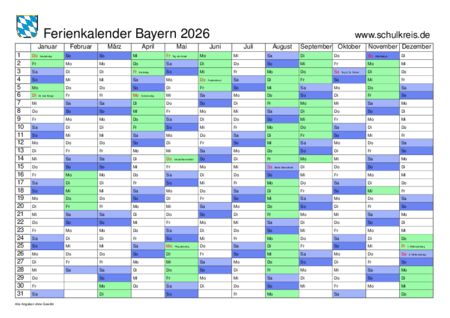 Jahreskalender 2026 Mit Ferien Bayern Kalender 2026 bayern: ferien, Feiertage, Excel-vorlagen
