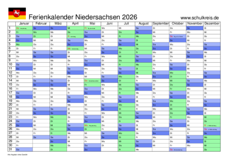  Schulferien-Kalender Niedersachsen 2026 mit Feiertagen und Ferien Bildidee 