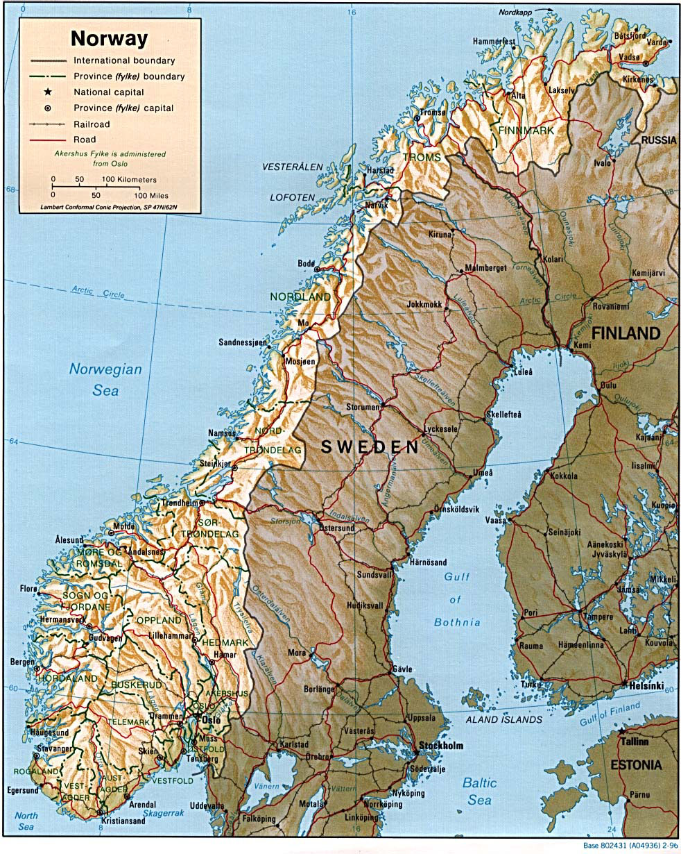  Foto zu Large relief and administrative map of Norway. Norway large relief and 
