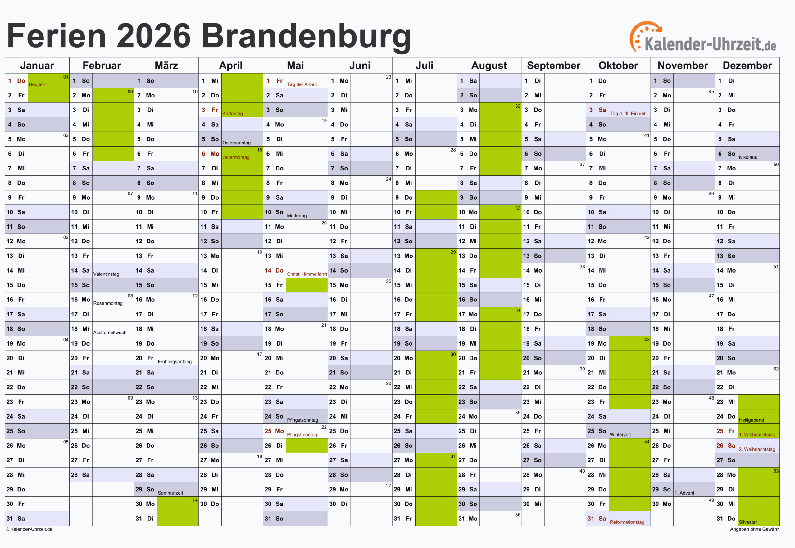 Pfingstferien Brandenburg 2026 Kalender 2026 Brandenburg: Ferien, Feiertage, Pdf-vorlagen