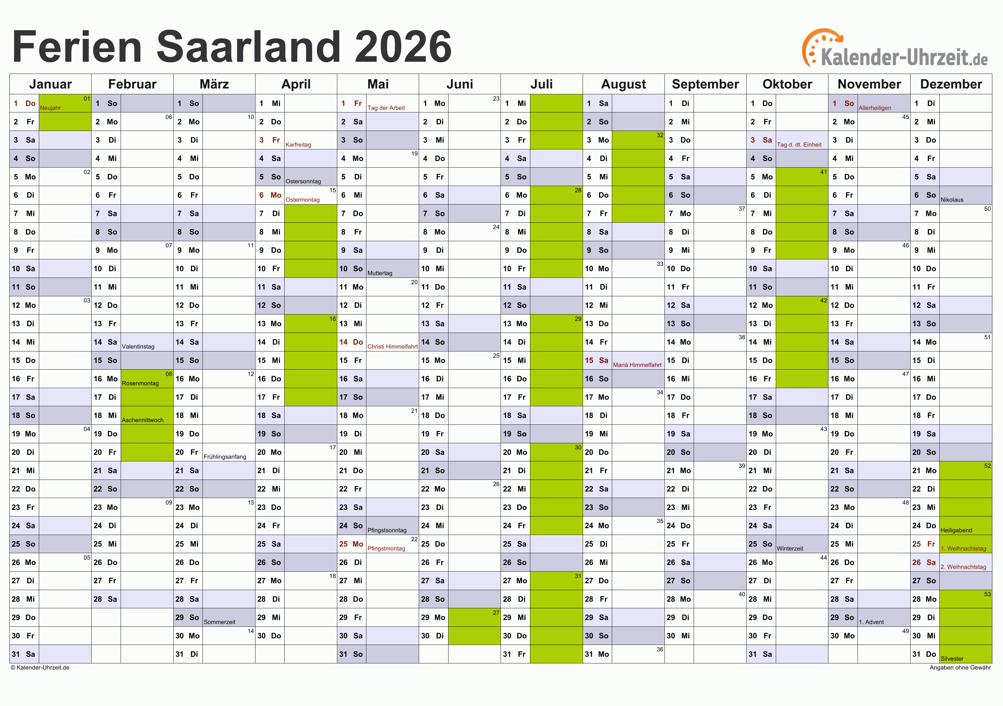  Ferien Saarland 2026 - Ferienkalender zum Ausdrucken Bildidee 