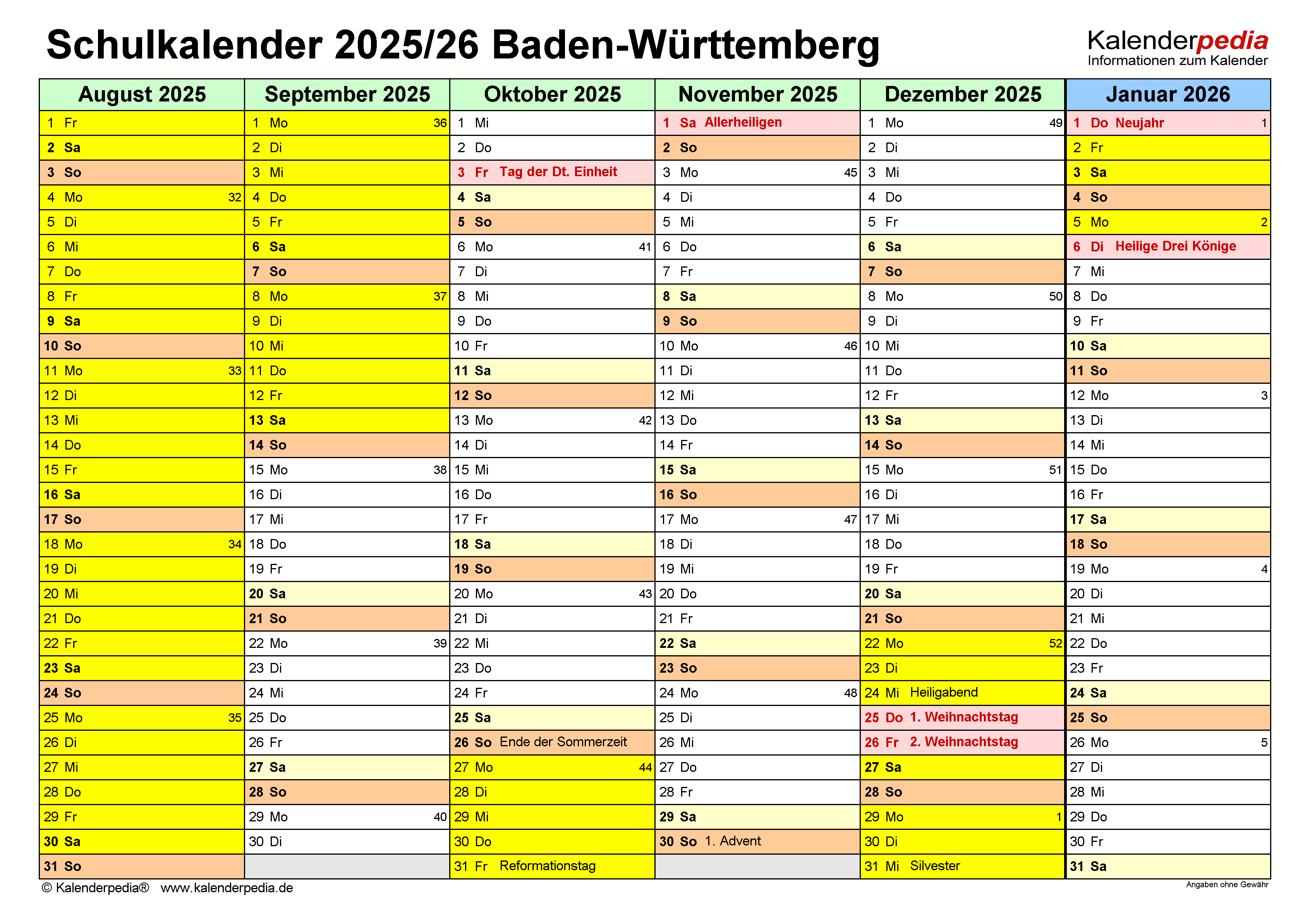 Foto zu Schulkalender 2025/2026 Baden-Württemberg für Word 